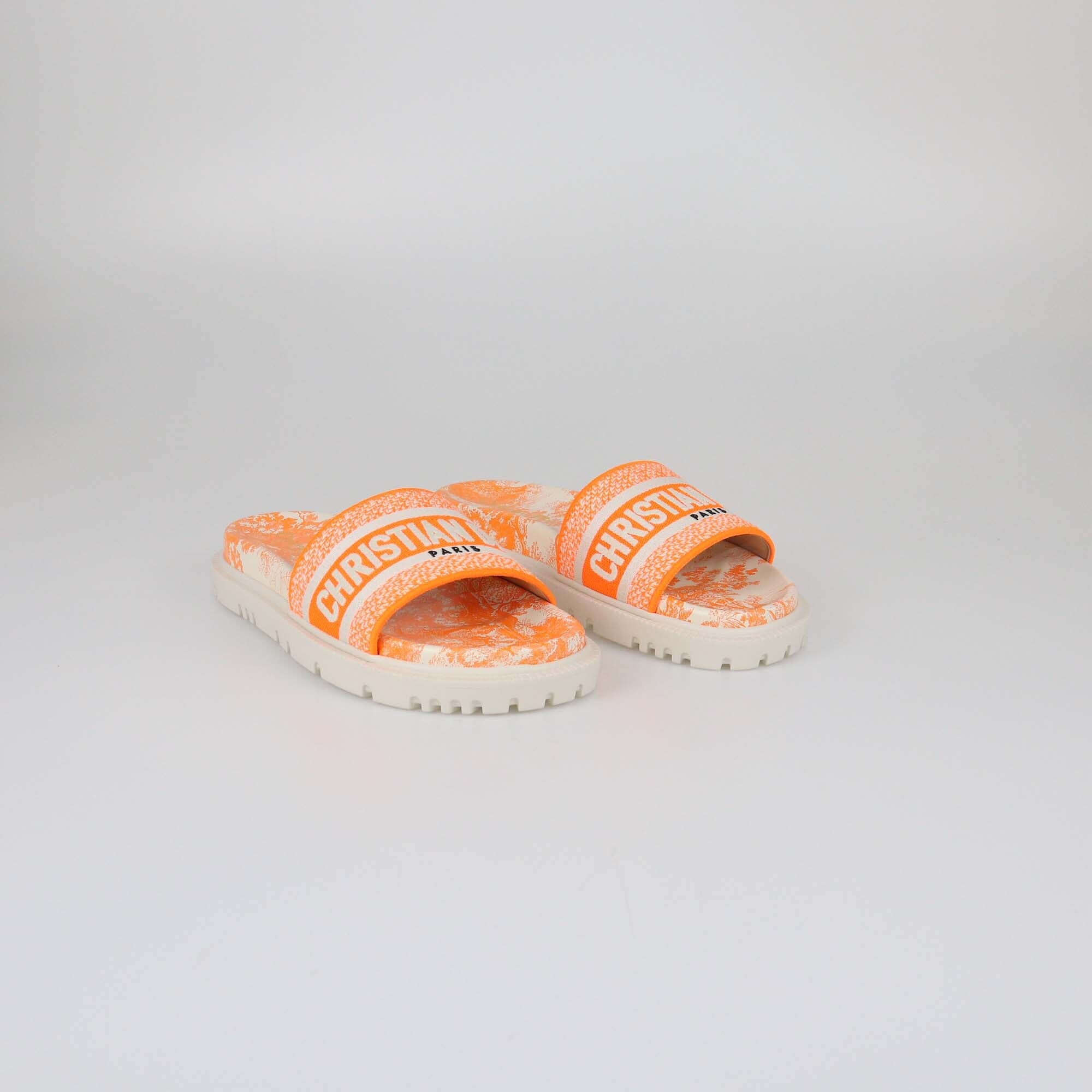 Christian Dior White/Orange Embroidered Dway Slides Womens Christian Dior 