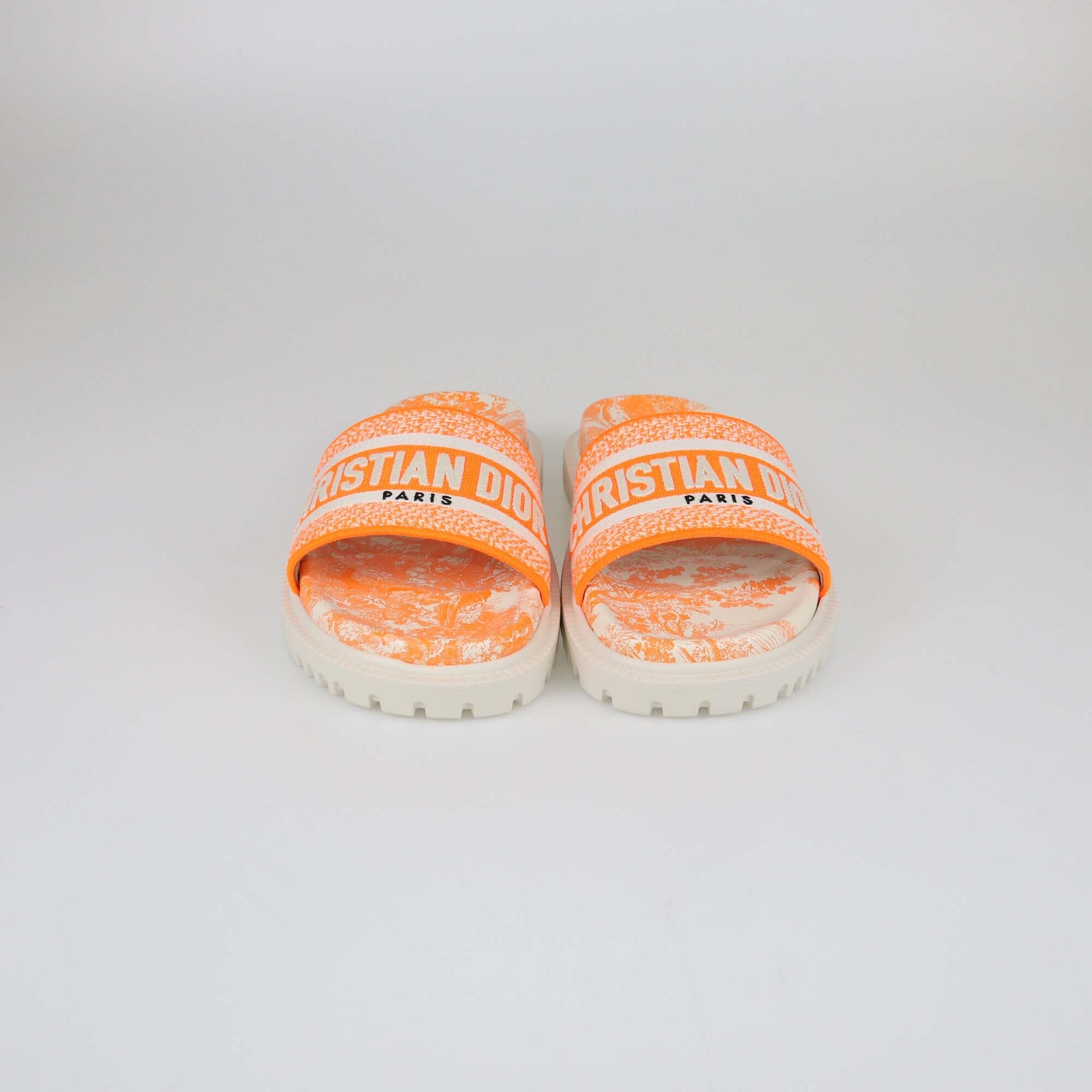 Christian Dior White/Orange Embroidered Dway Slides Womens Christian Dior 