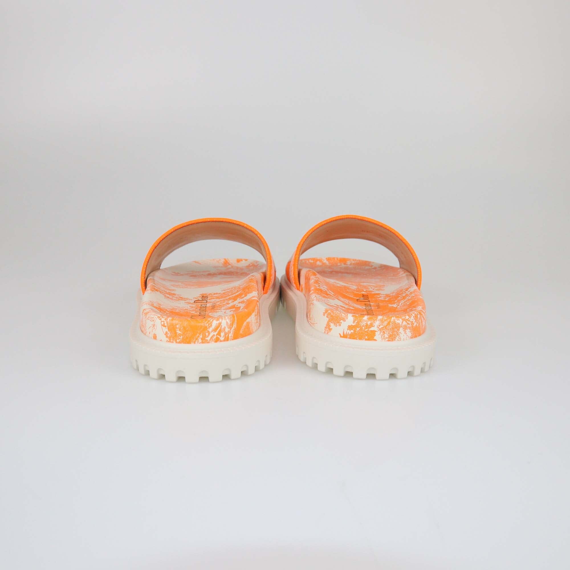 Christian Dior White/Orange Embroidered Dway Slides Womens Christian Dior 