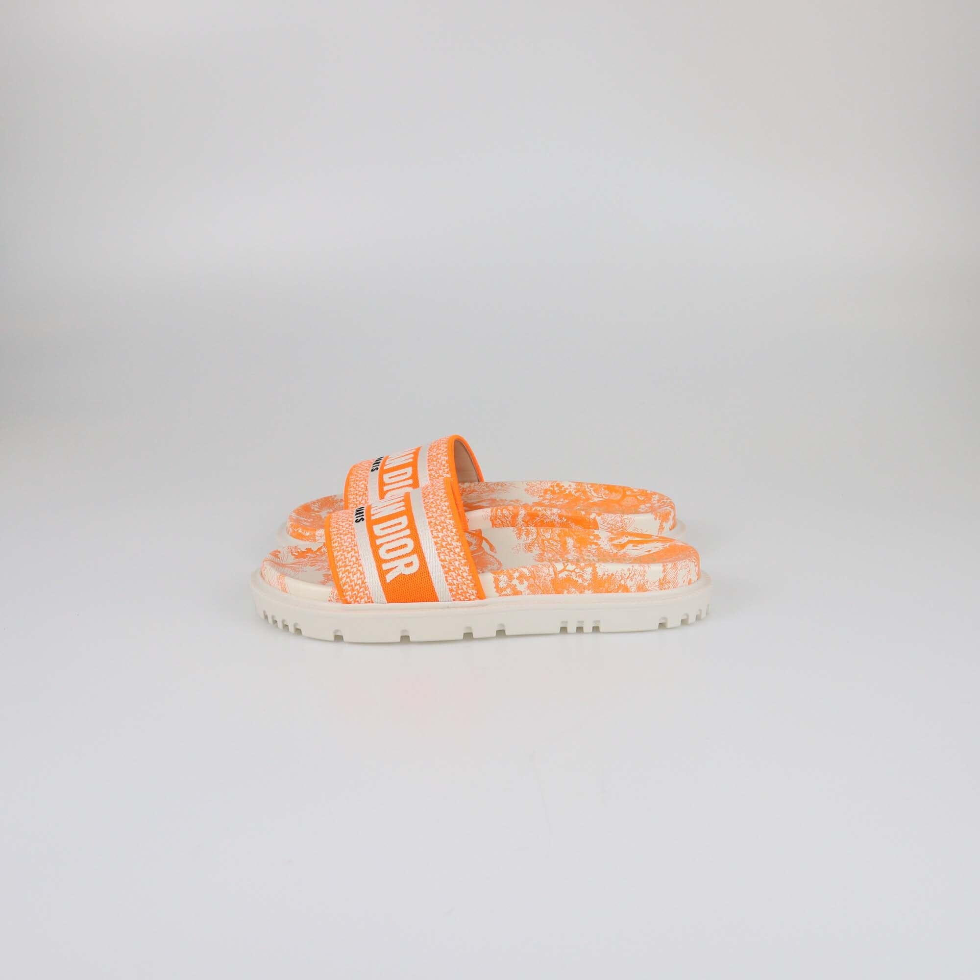 Christian Dior White/Orange Embroidered Dway Slides Womens Christian Dior 