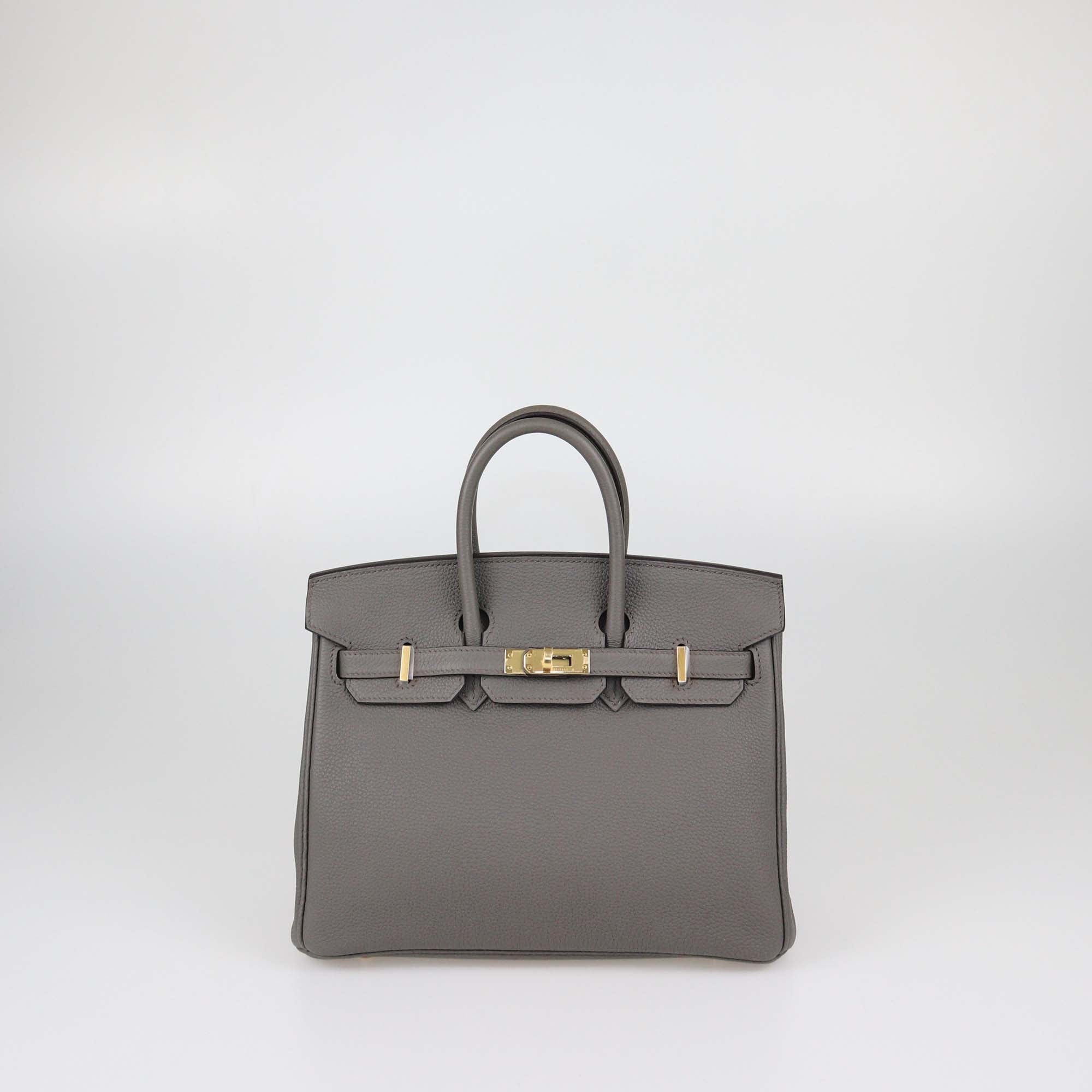 Hermes Gris Etain Togo Leather Gold Hardware Birkin 25 Bag