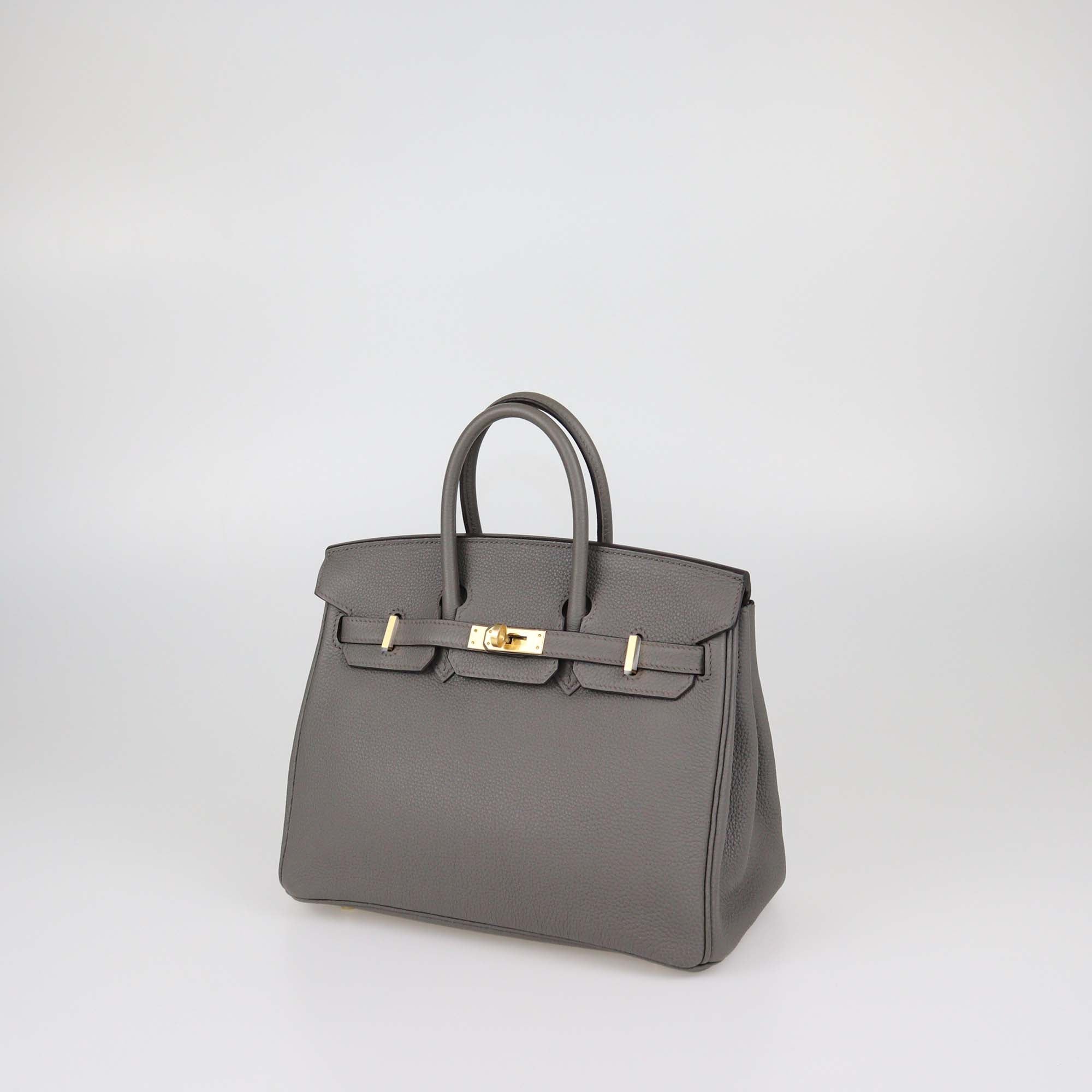 Hermes Gris Etain Togo Leather Gold Hardware Birkin 25 Bag