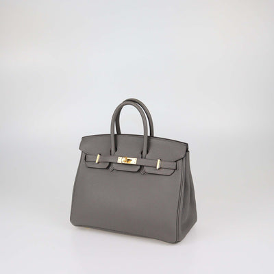 Hermes Gris Etain Togo Leather Gold Hardware Birkin 25 Bag