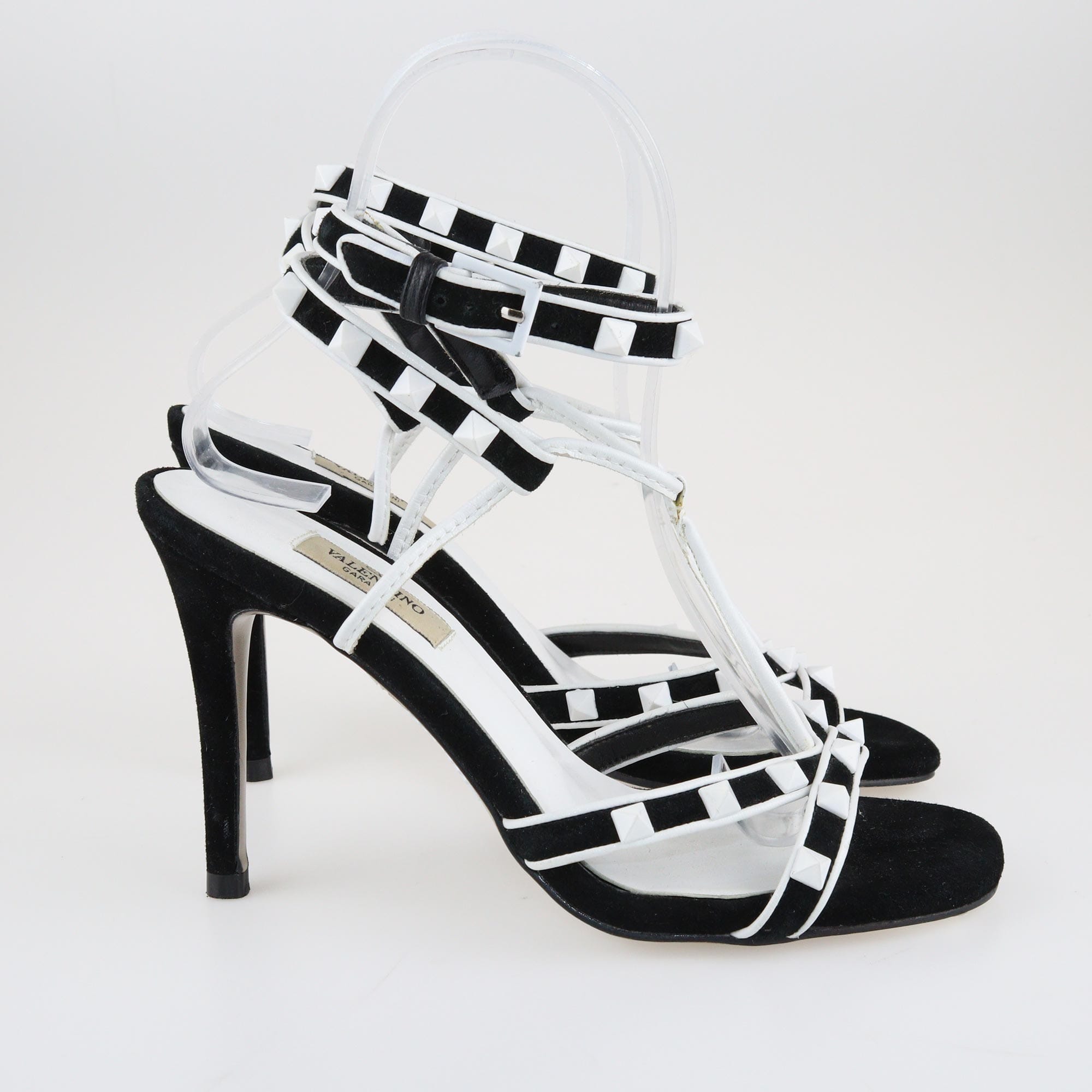 Black/White Rockstud Ankle Wrap Sandals Shoes Valentino 