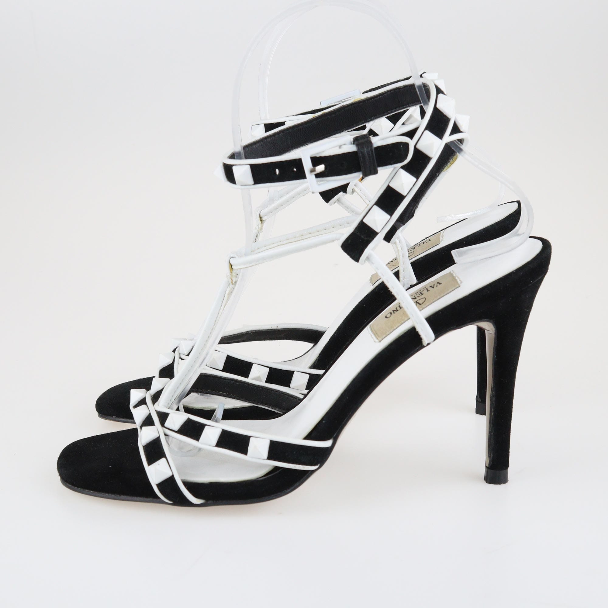 Black/White Rockstud Ankle Wrap Sandals Shoes Valentino 