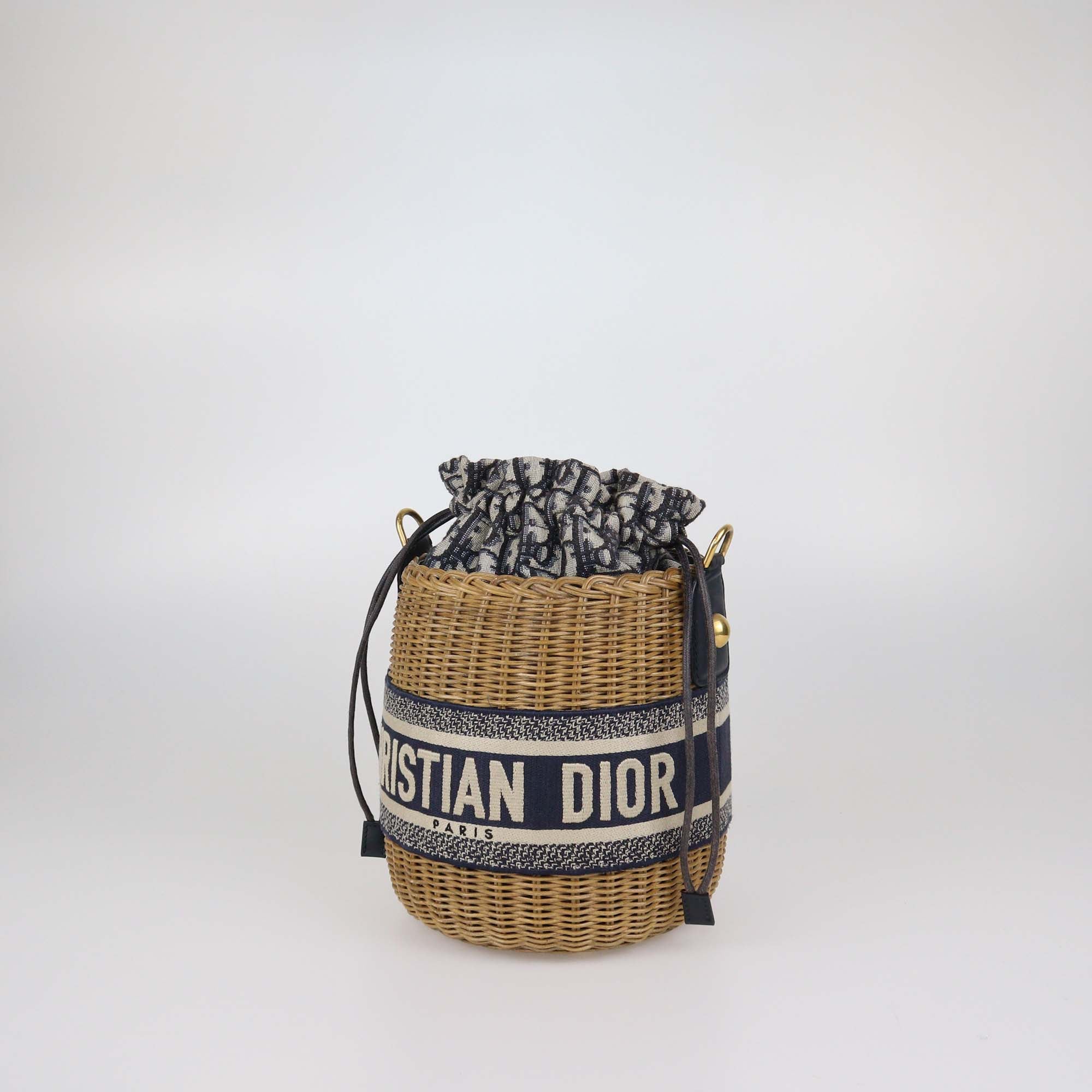 Christian Dior Navy Blue/Natural Canvas & Wicker Embroidered Drawstring Bucket Bag