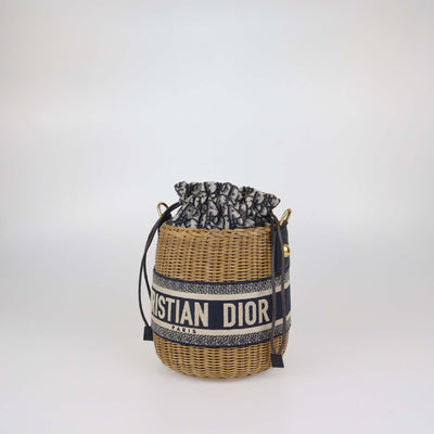 Christian Dior Navy Blue/Natural Canvas & Wicker Embroidered Drawstring Bucket Bag