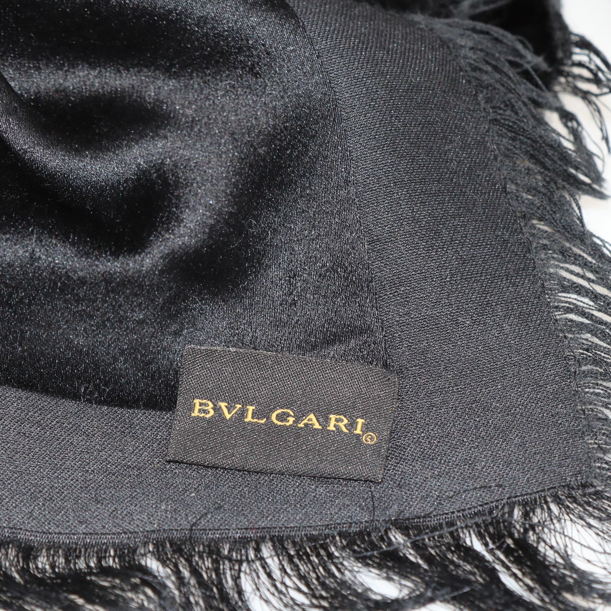 Black Logo Embroidered Fringed Scarf Accessories Bvlgari 