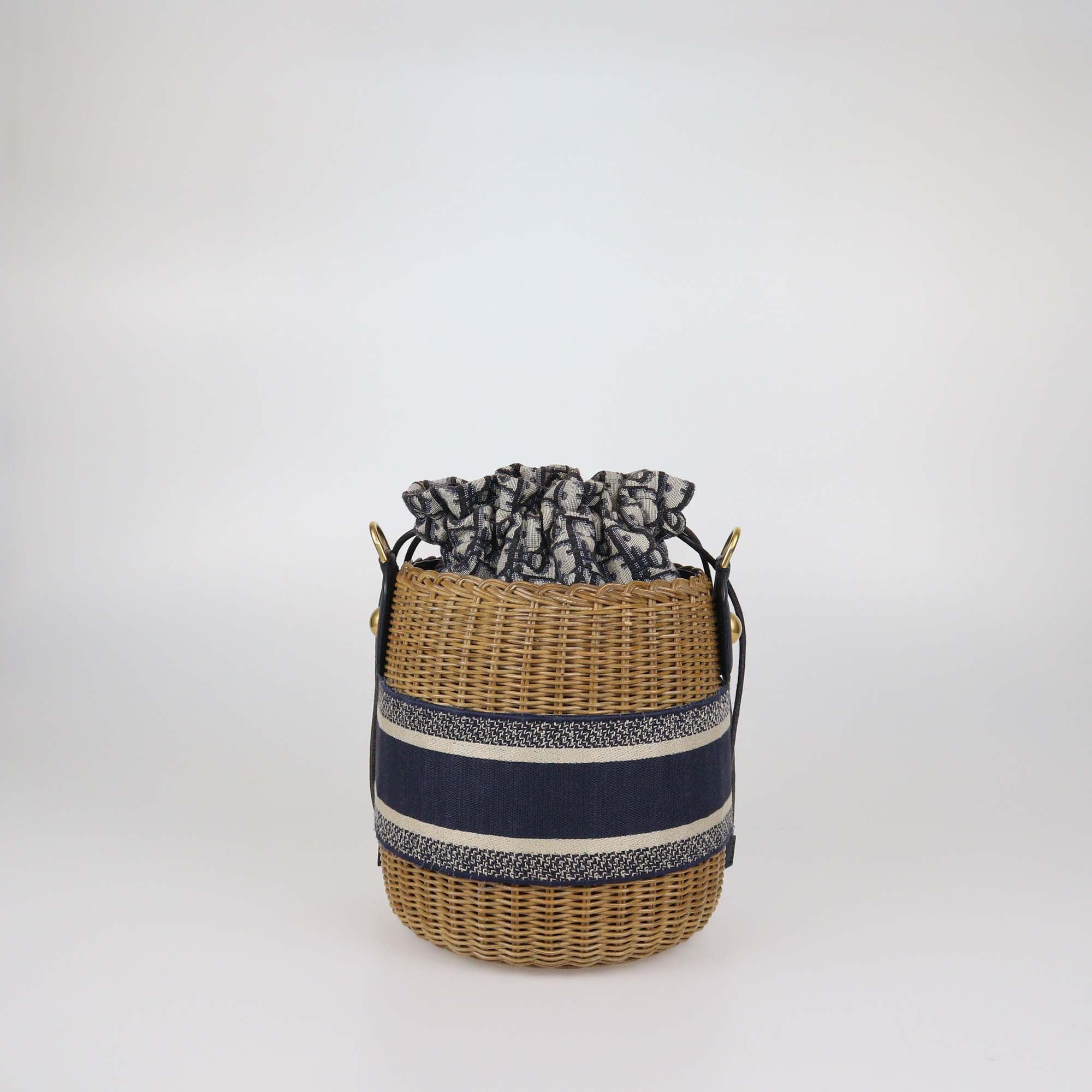 Christian Dior Navy Blue/Natural Canvas & Wicker Embroidered Drawstring Bucket Bag