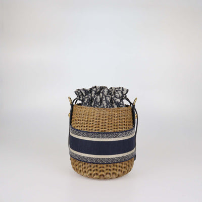 Christian Dior Navy Blue/Natural Canvas & Wicker Embroidered Drawstring Bucket Bag