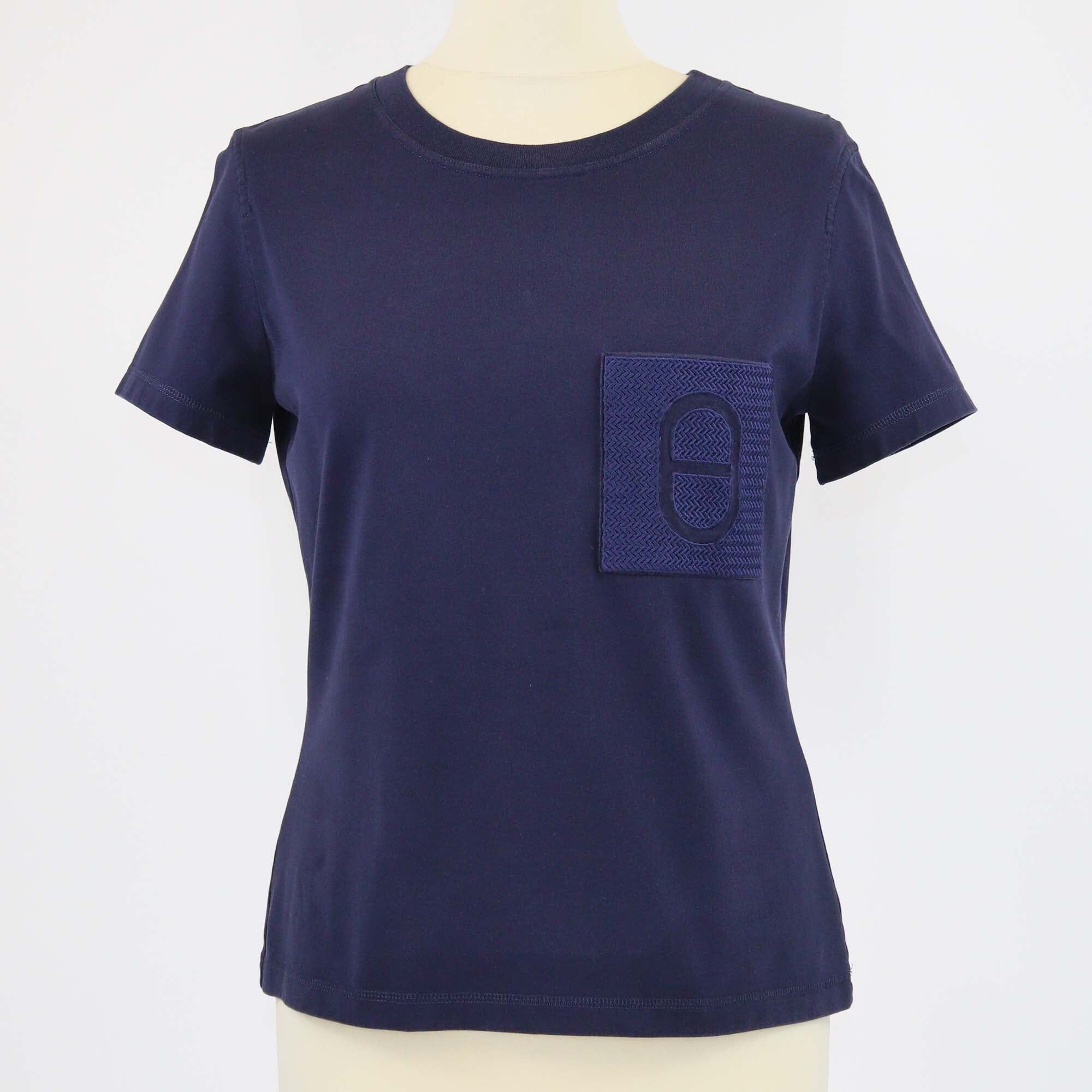 Hermes Navy Blue Chain de Ancre Embroidered Pocket T-Shirt Womens Hermes 