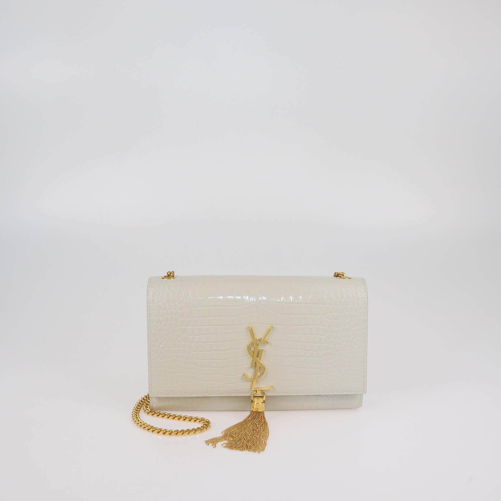 Saint Laurent Off White Croc Embossed Leather Medium Kate Tassel Shoulder Bag