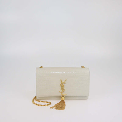Saint Laurent Off White Croc Embossed Leather Medium Kate Tassel Shoulder Bag