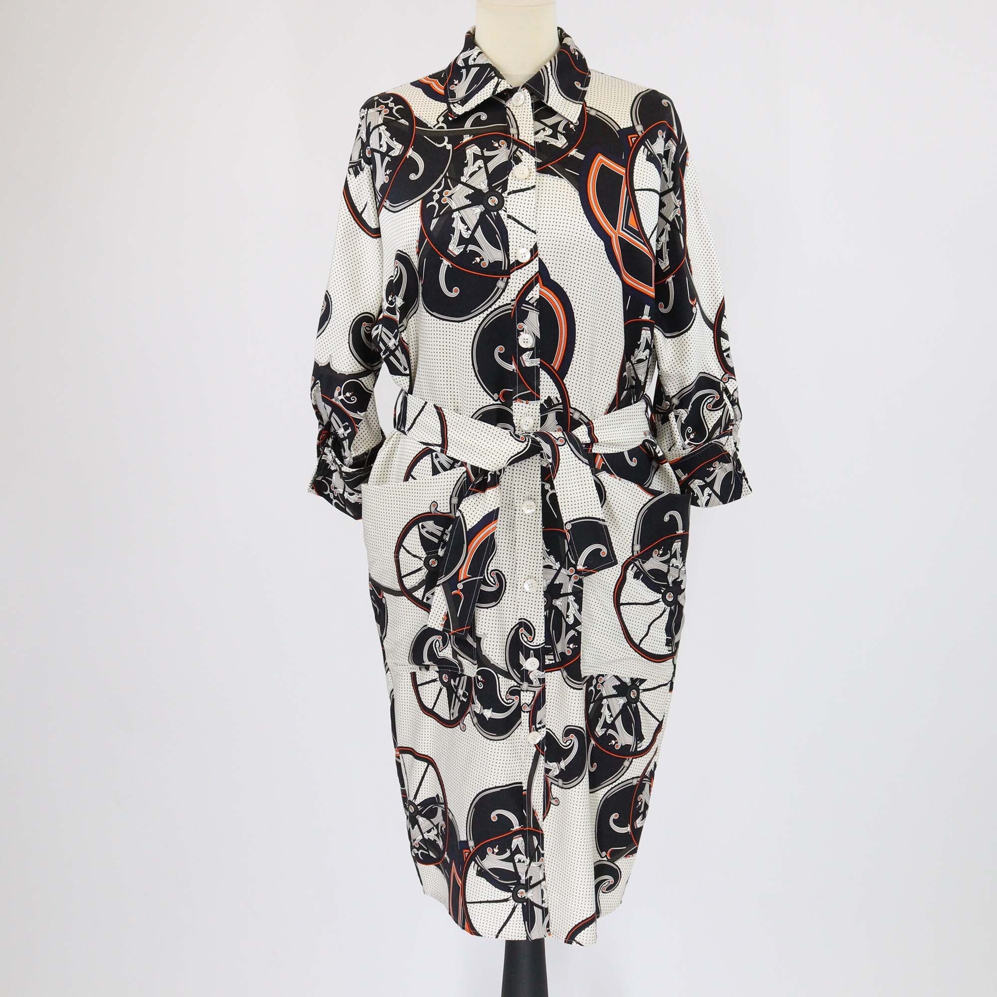 Hermes Tricolor Carriage Print Three Quarter Sleeve Belted Shirt Dress Womens Hermes 