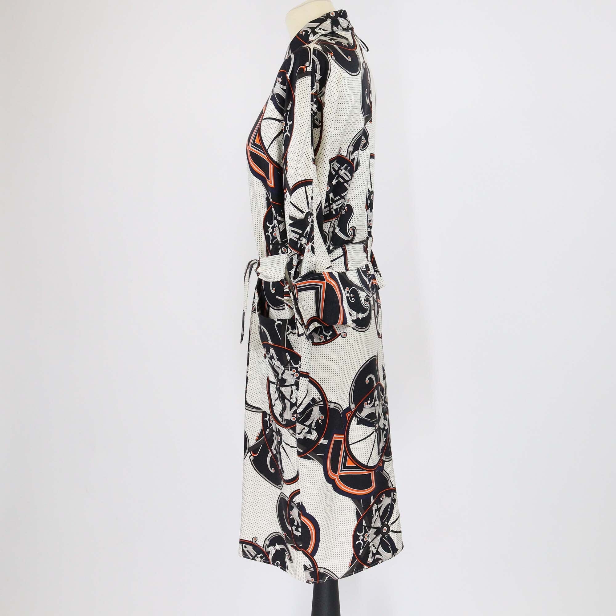Hermes Tricolor Carriage Print Three Quarter Sleeve Belted Shirt Dress Womens Hermes 