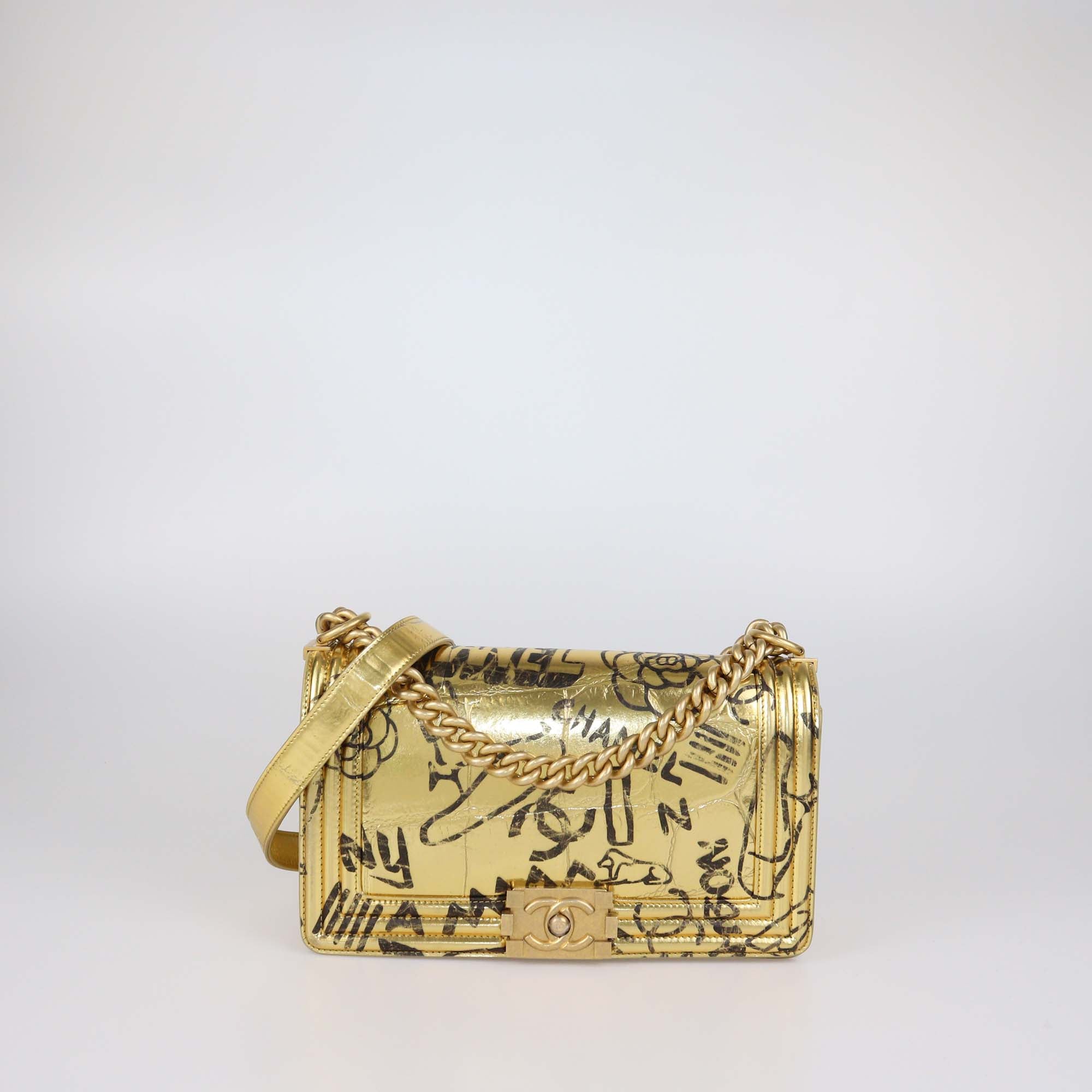 Chanel Gold Leather Chain Coco Mark Medium Embossed Graffiti Boy Bag