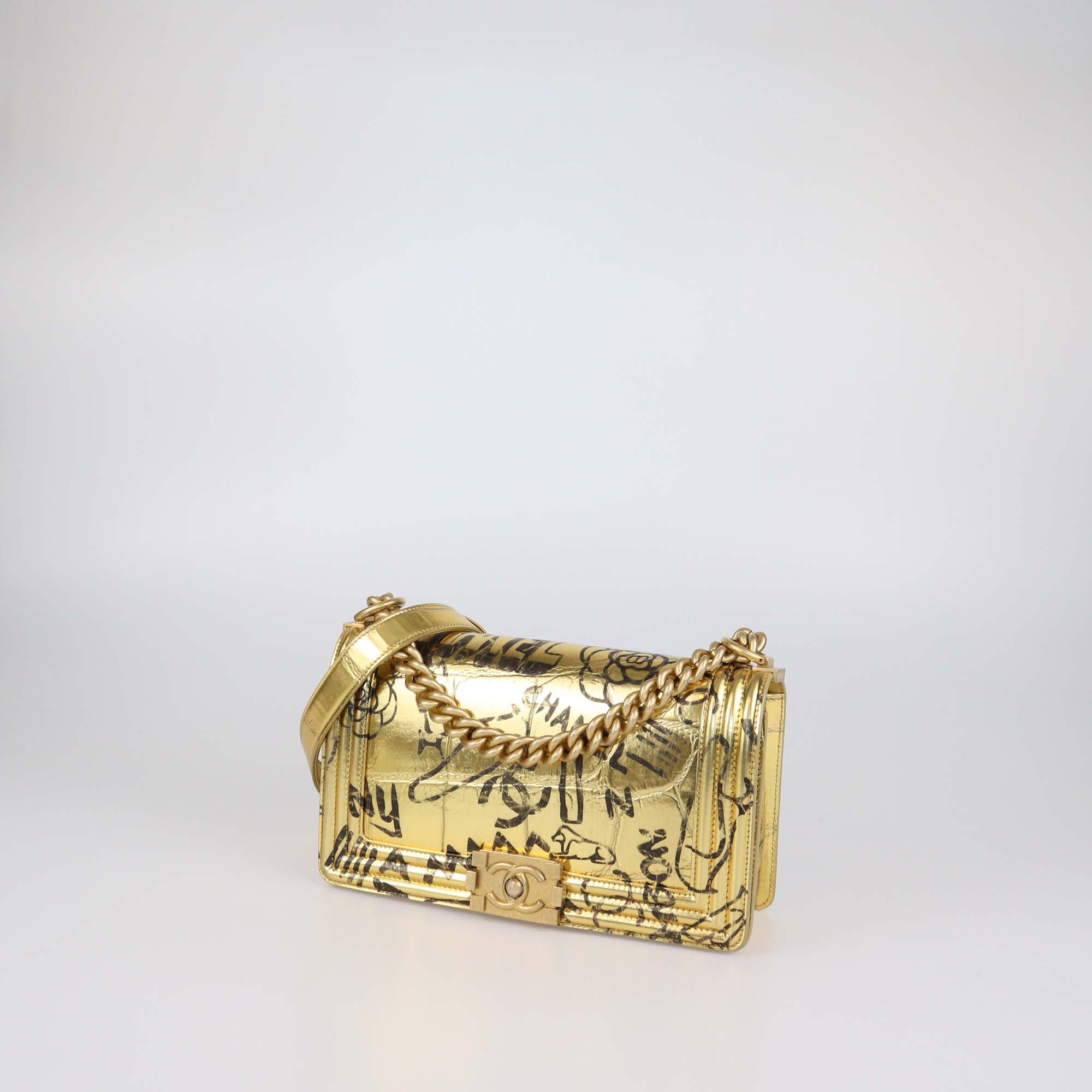 Chanel Gold Leather Chain Coco Mark Medium Embossed Graffiti Boy Bag