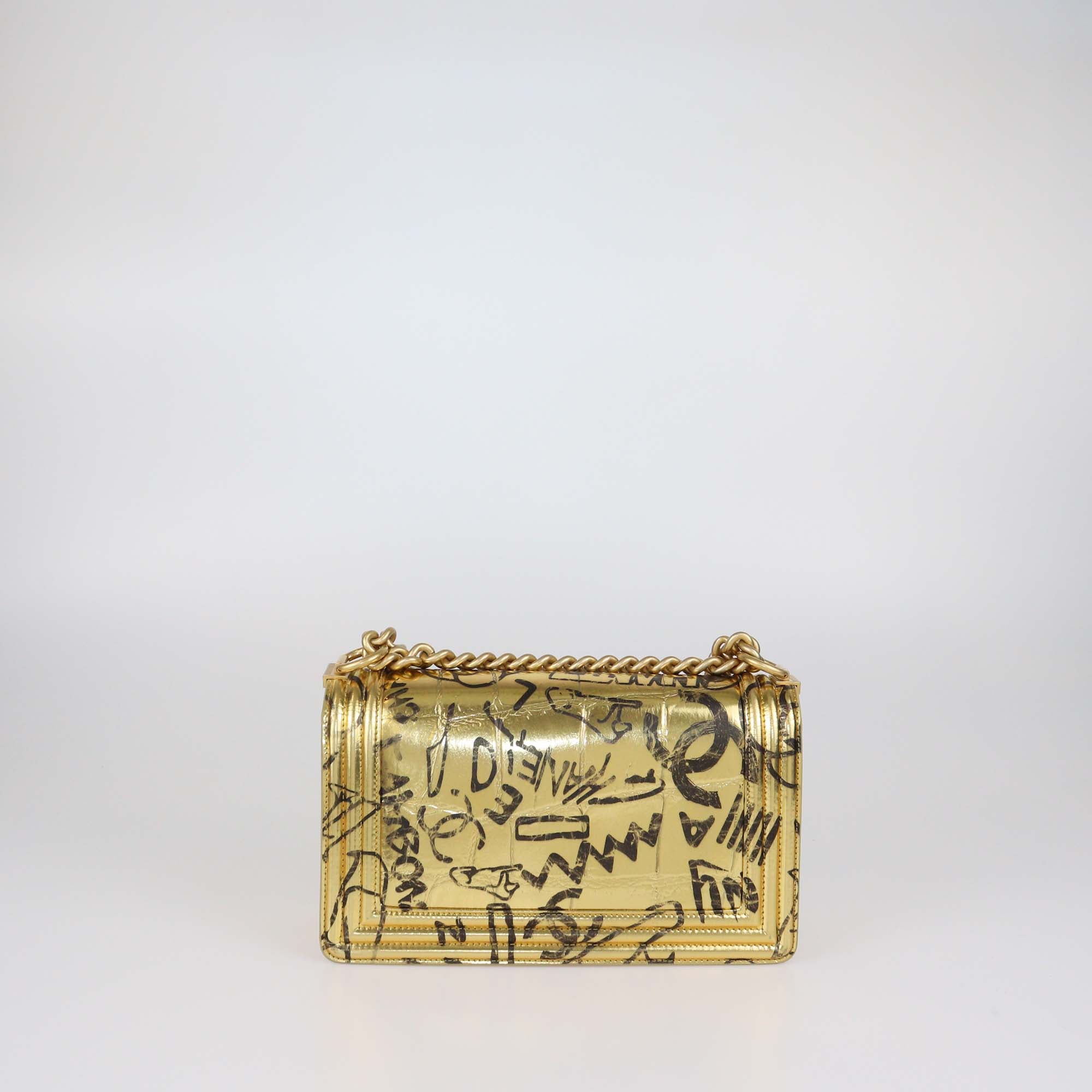Chanel Gold Leather Chain Coco Mark Medium Embossed Graffiti Boy Bag