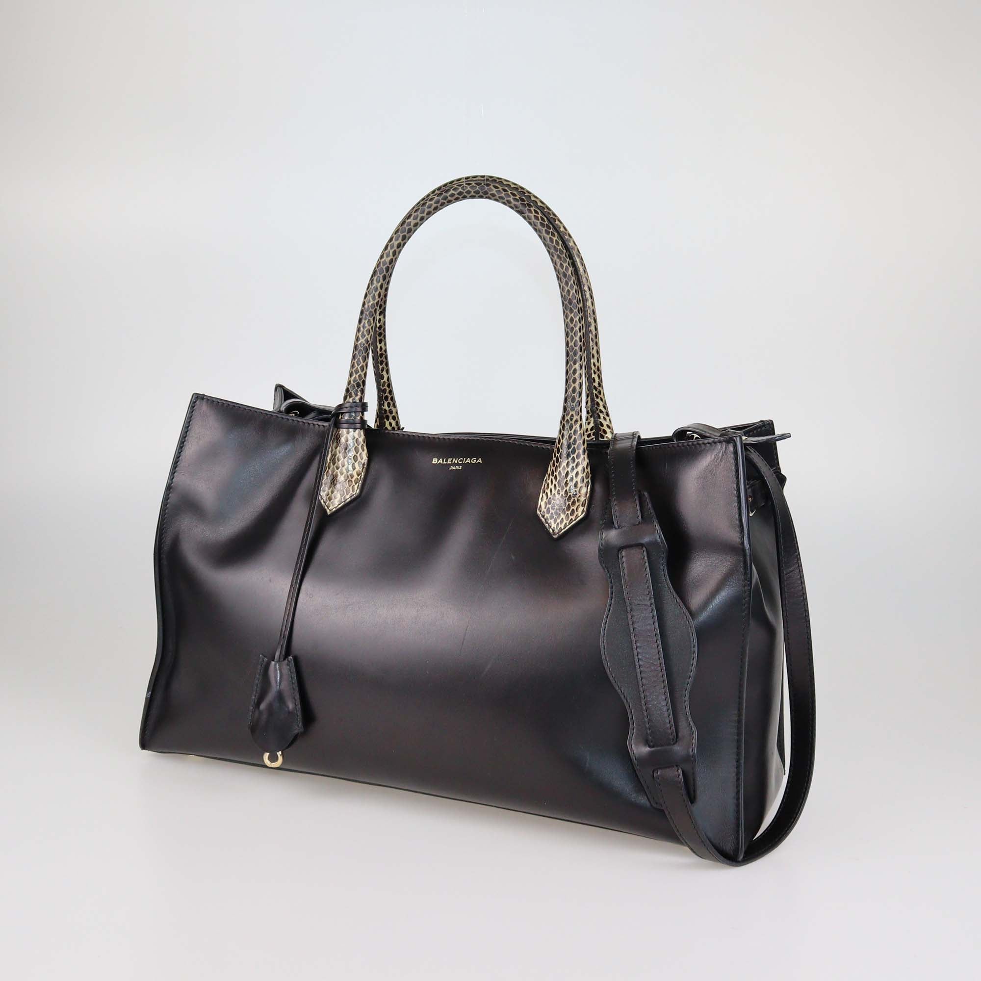 Balenciaga Black/Cream Leather & Snakeskin Padlock Tote