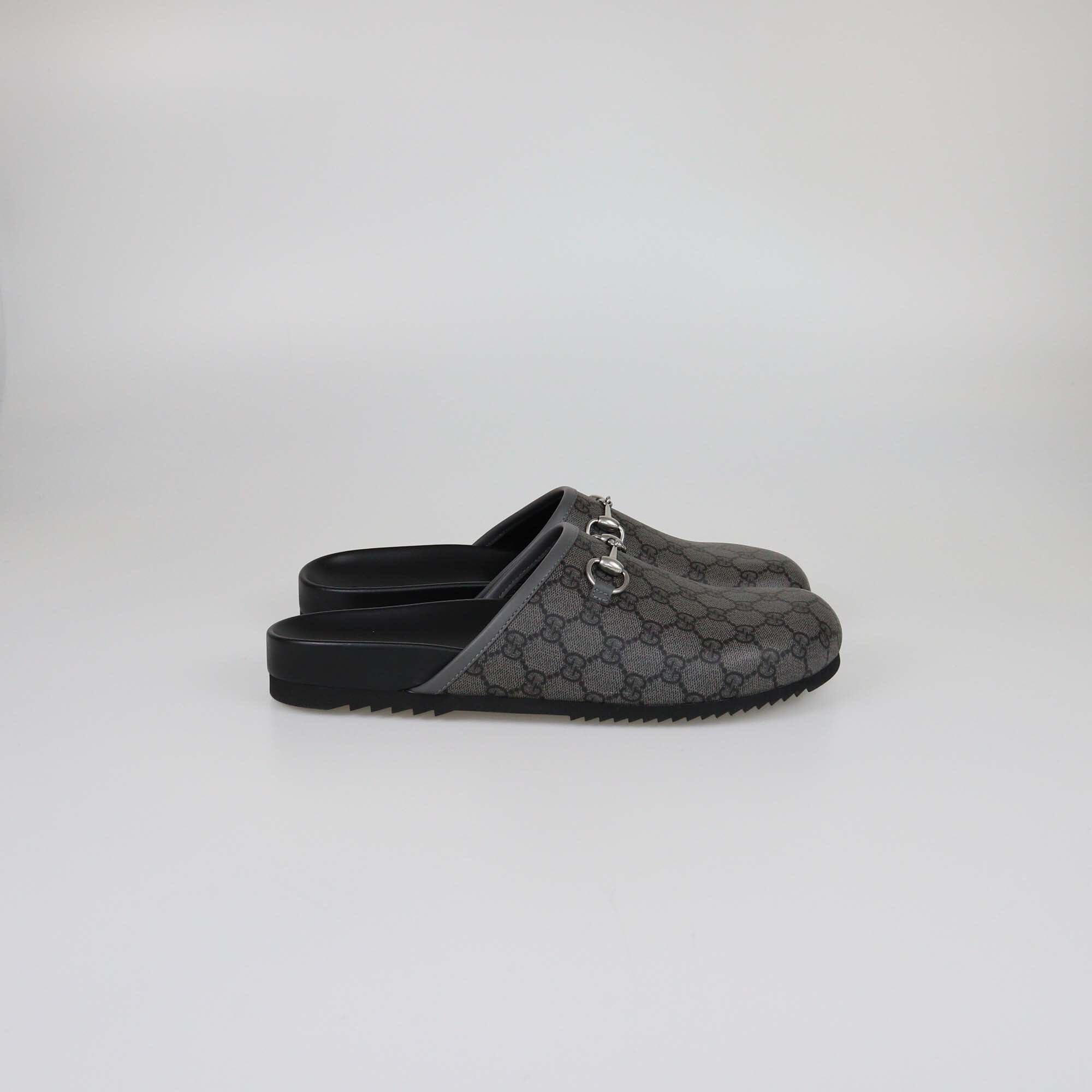 Gucci Black/Grey GG Supreme Horsebit Mules Mens Gucci 