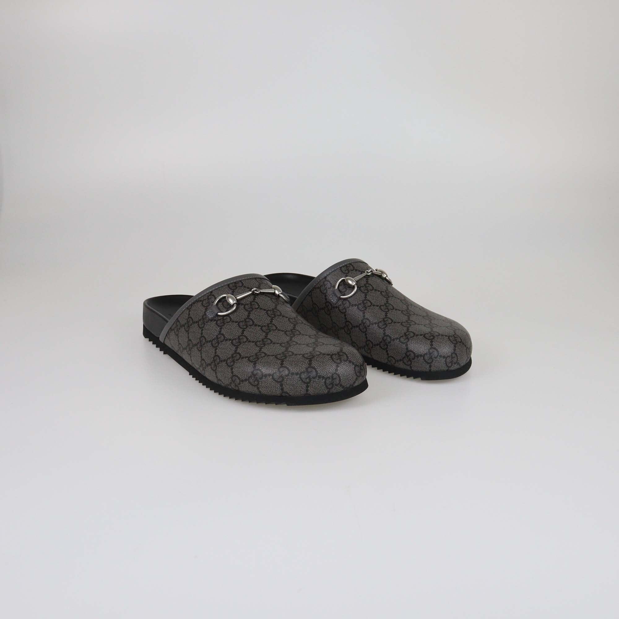 Gucci Black/Grey GG Supreme Horsebit Mules Mens Gucci 