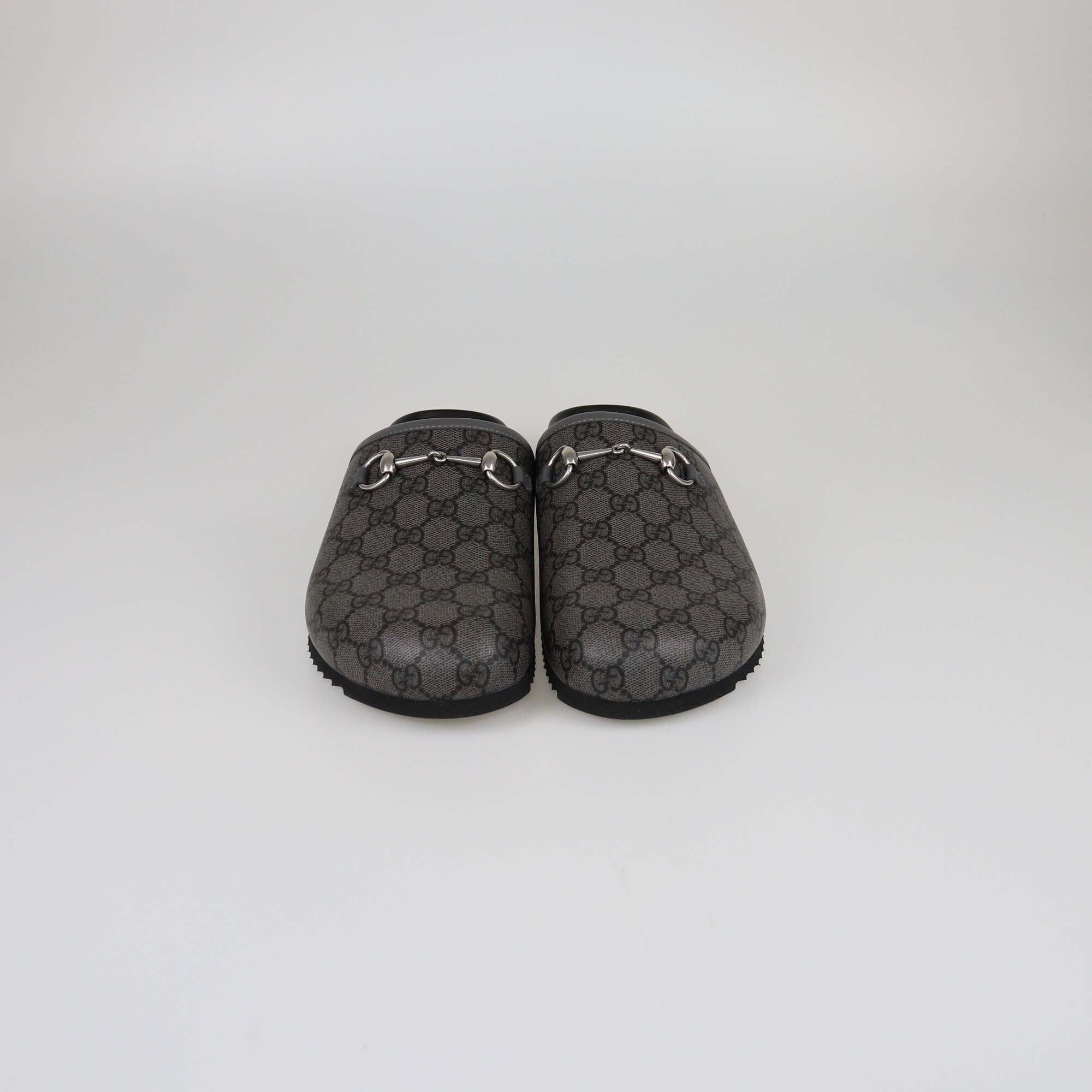 Gucci Black/Grey GG Supreme Horsebit Mules Mens Gucci 