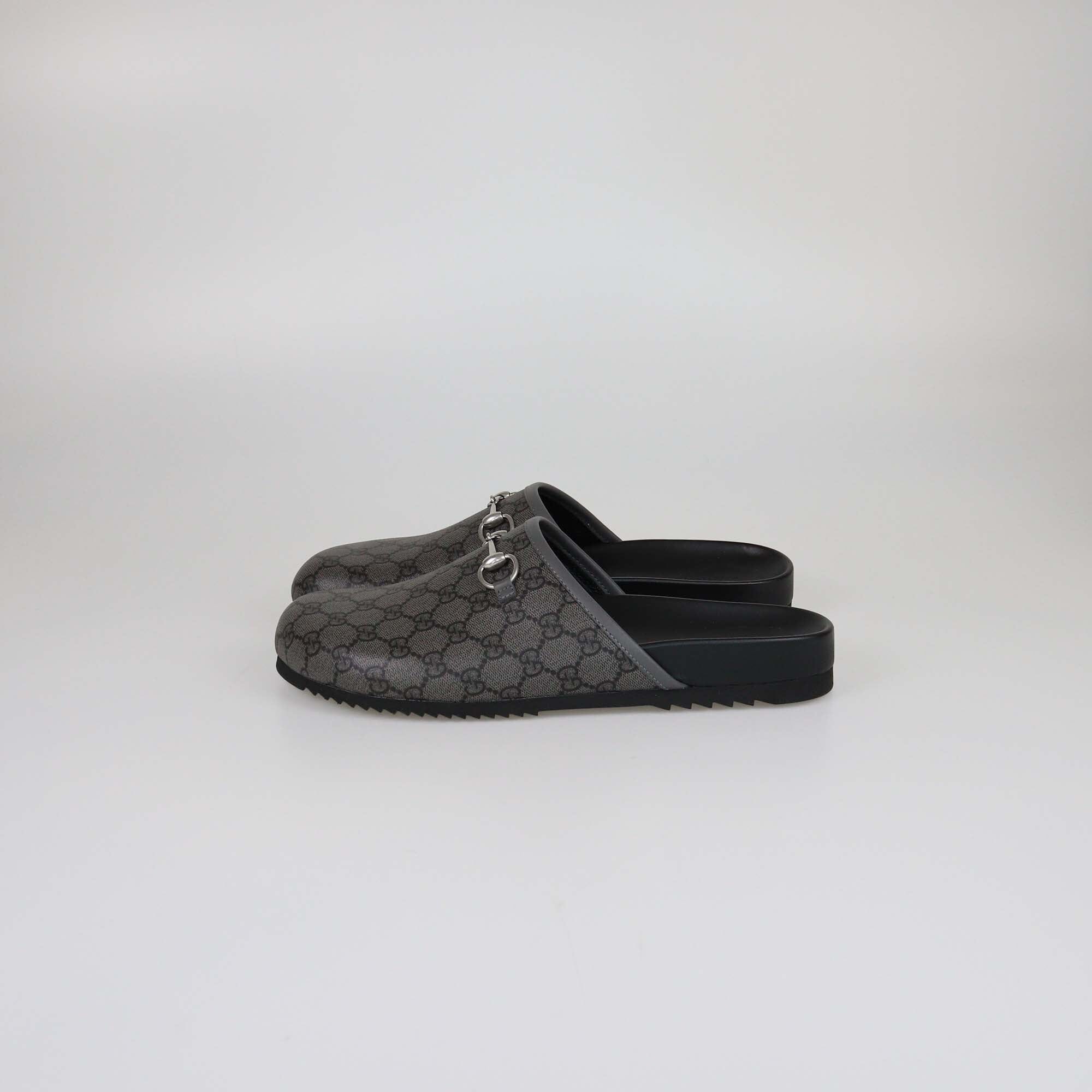 Gucci Black/Grey GG Supreme Horsebit Mules Mens Gucci 