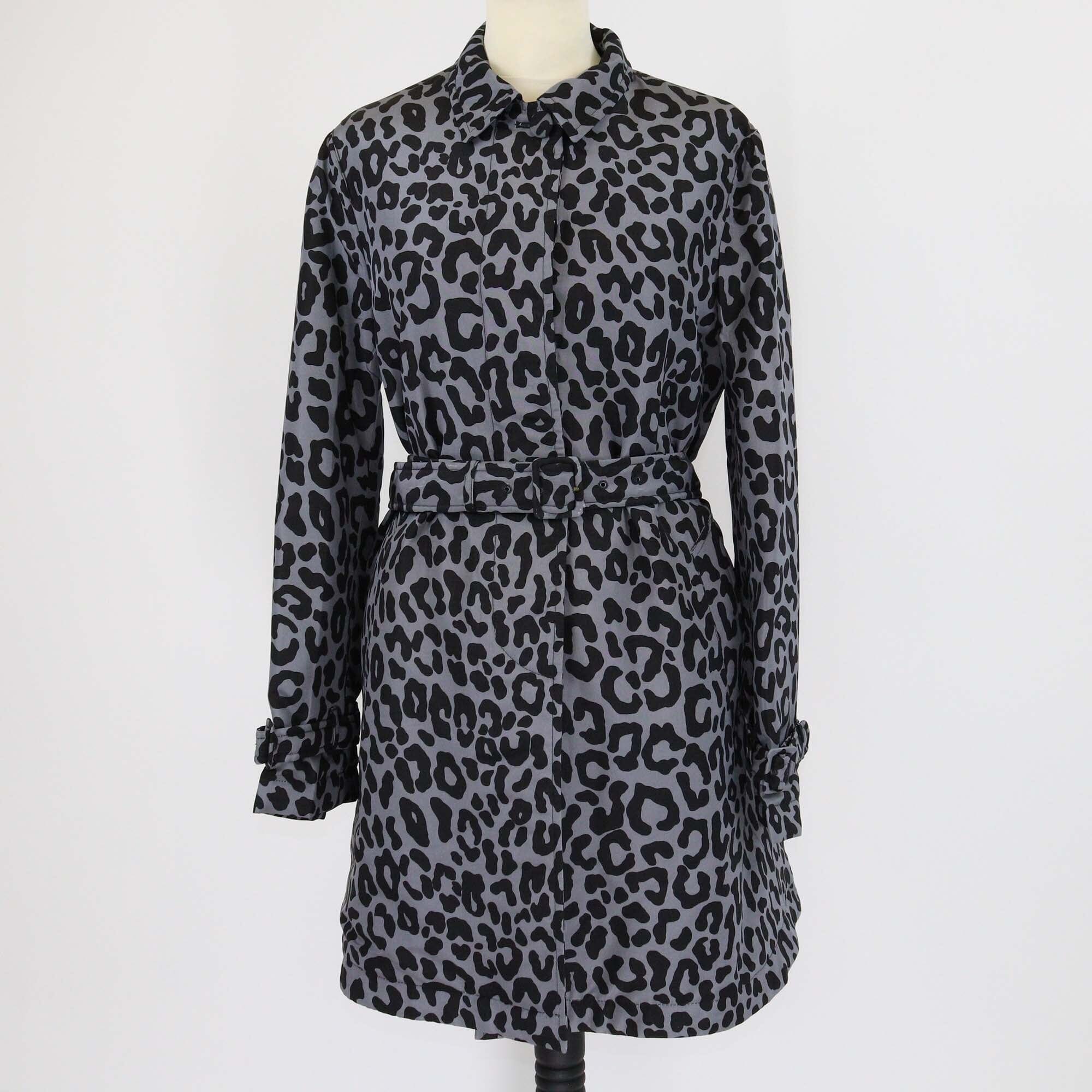Prada Grey/Black Leopard Print Puffer Belted Trench Coat Womens Prada 