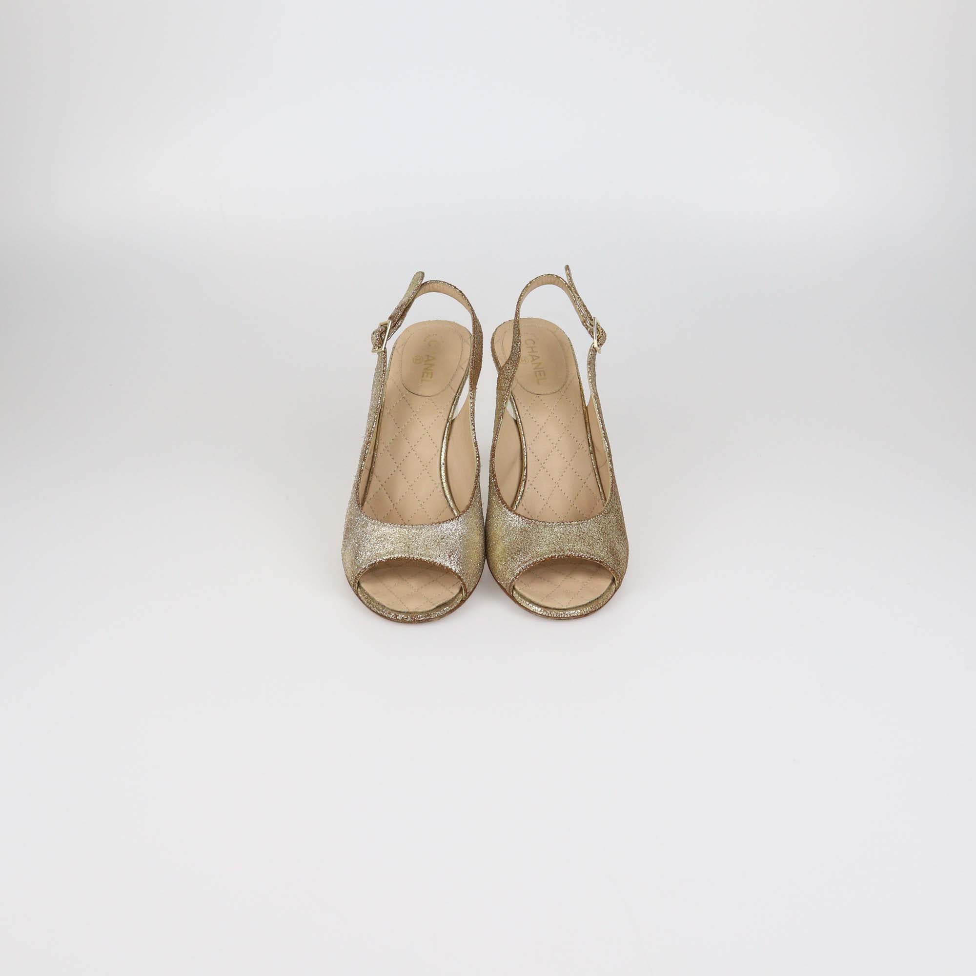 Chanel Gold Suede CC Transparent Heels Slingback Sandals