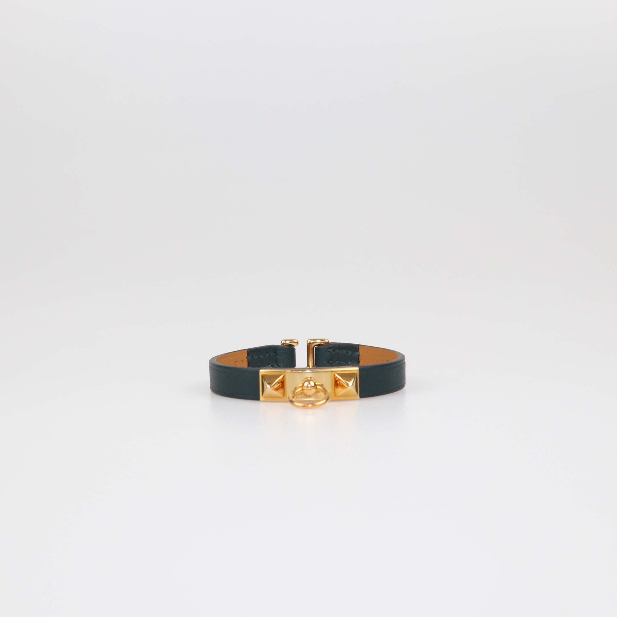 Hermes Vert Bosphore Swift Leather Rose Gold Mini Rivale Bracelet T2