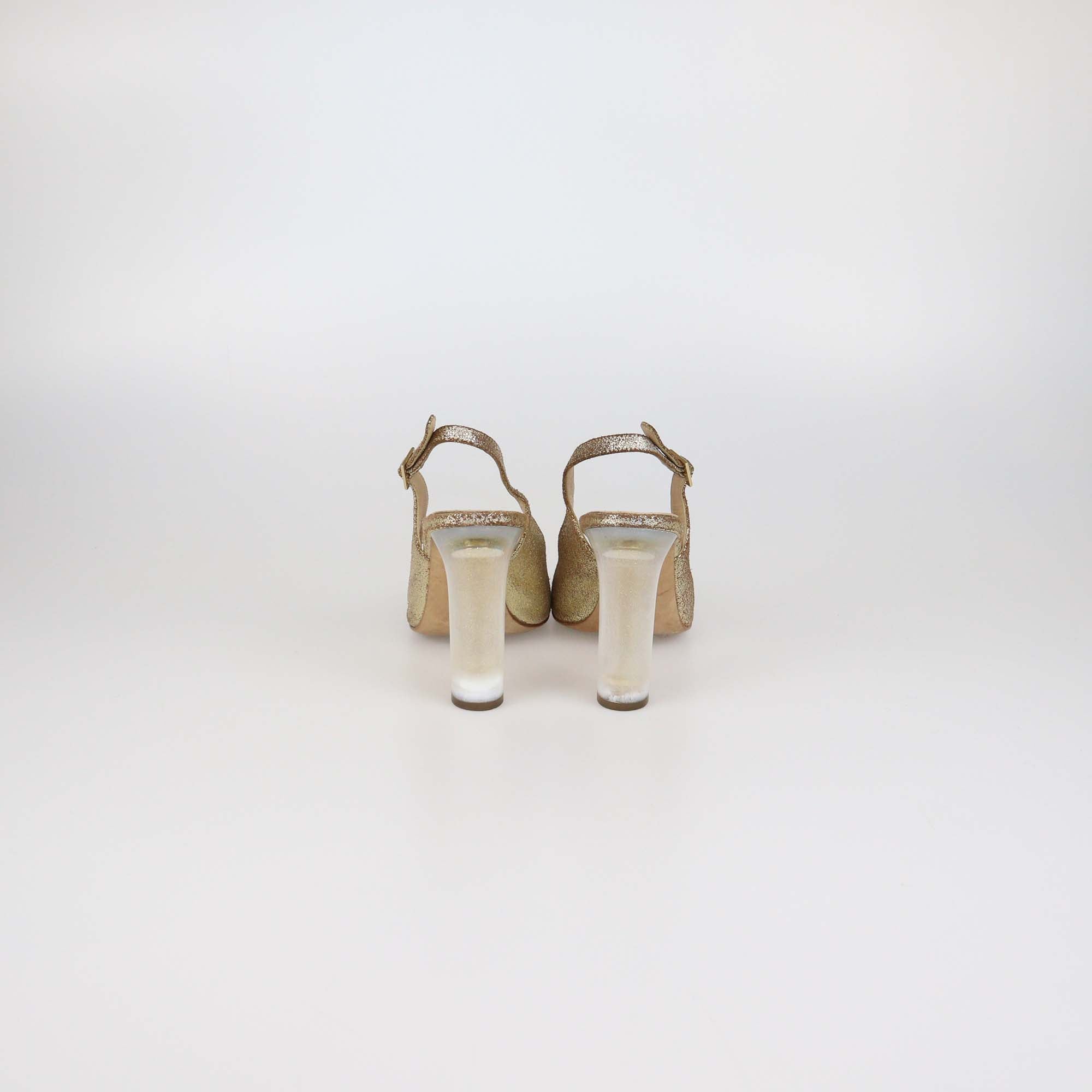 Chanel Gold Suede CC Transparent Heels Slingback Sandals