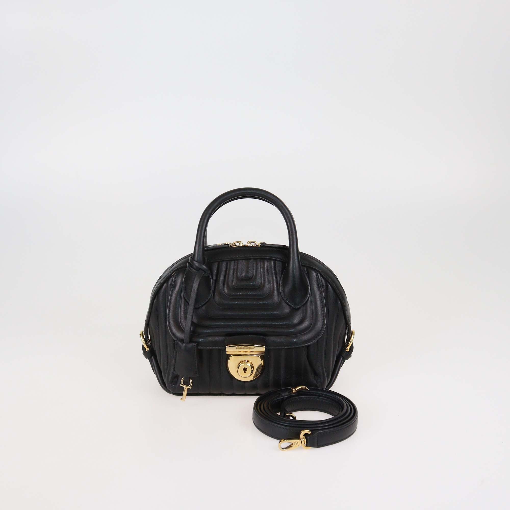 Salvatore Ferragamo Black Quilted Leather Small Fiamma Satchel