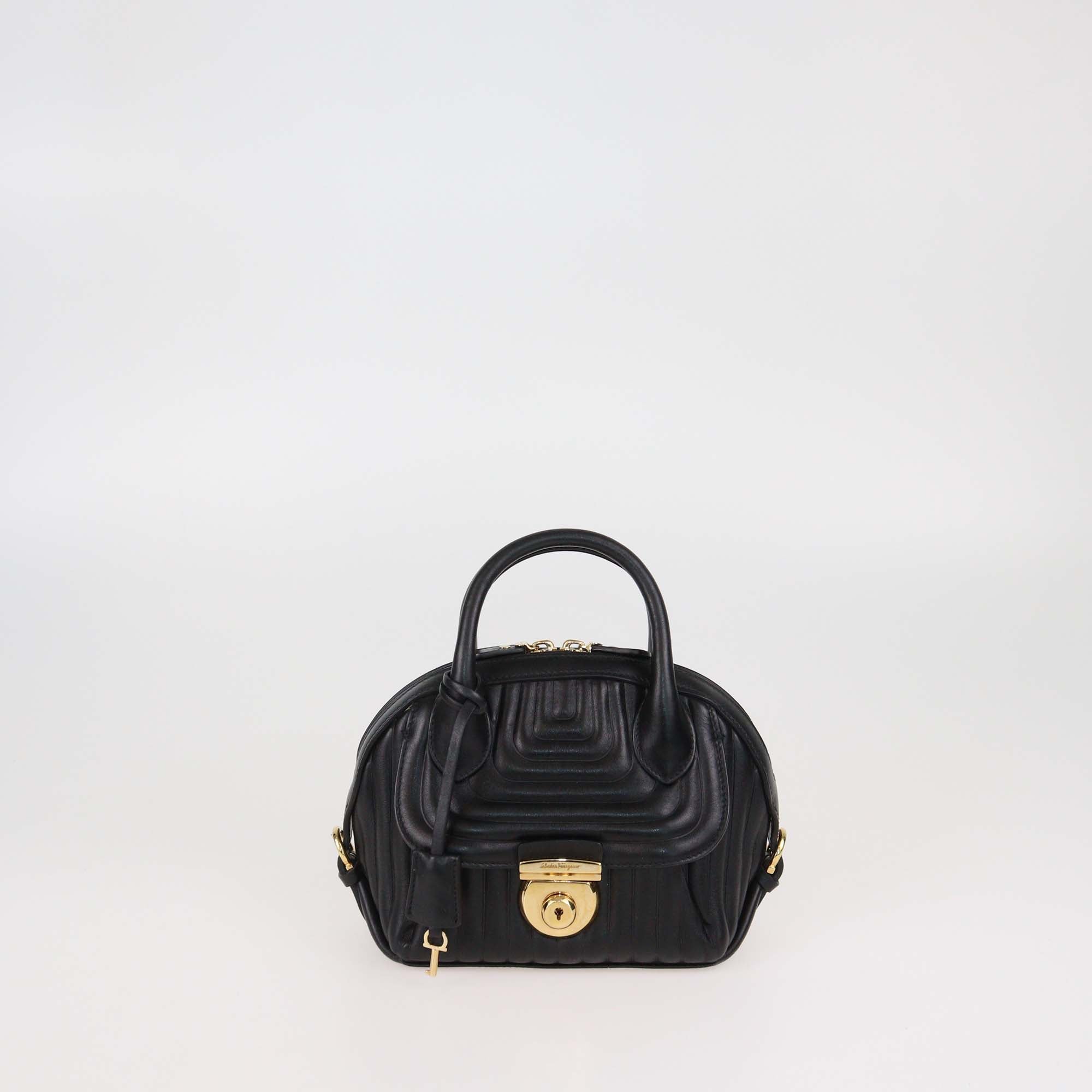 Salvatore Ferragamo Black Quilted Leather Small Fiamma Satchel