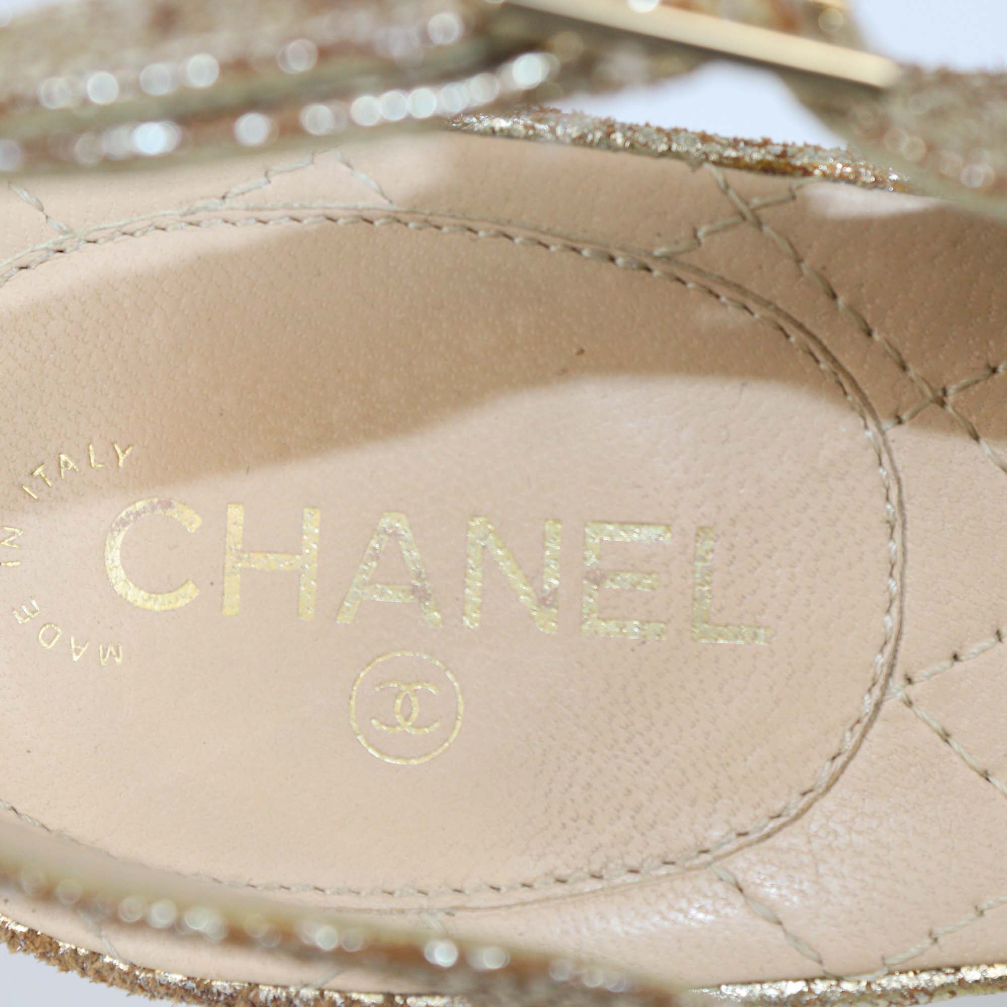 Chanel Gold Suede CC Transparent Heels Slingback Sandals