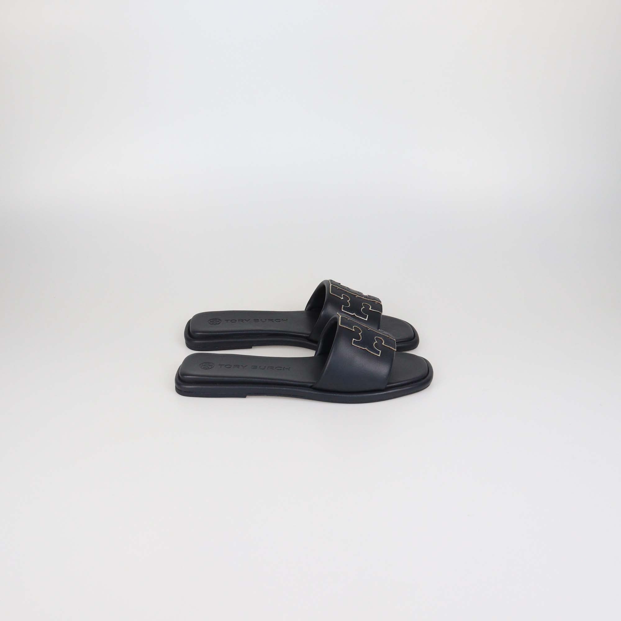 Tory Burch Black Leather Double T Flat Slides