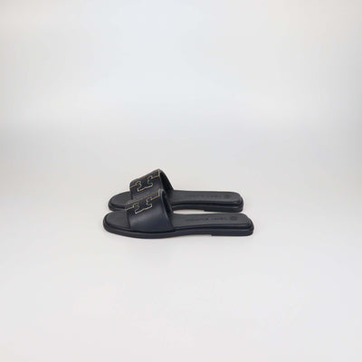 Tory Burch Black Leather Double T Flat Slides