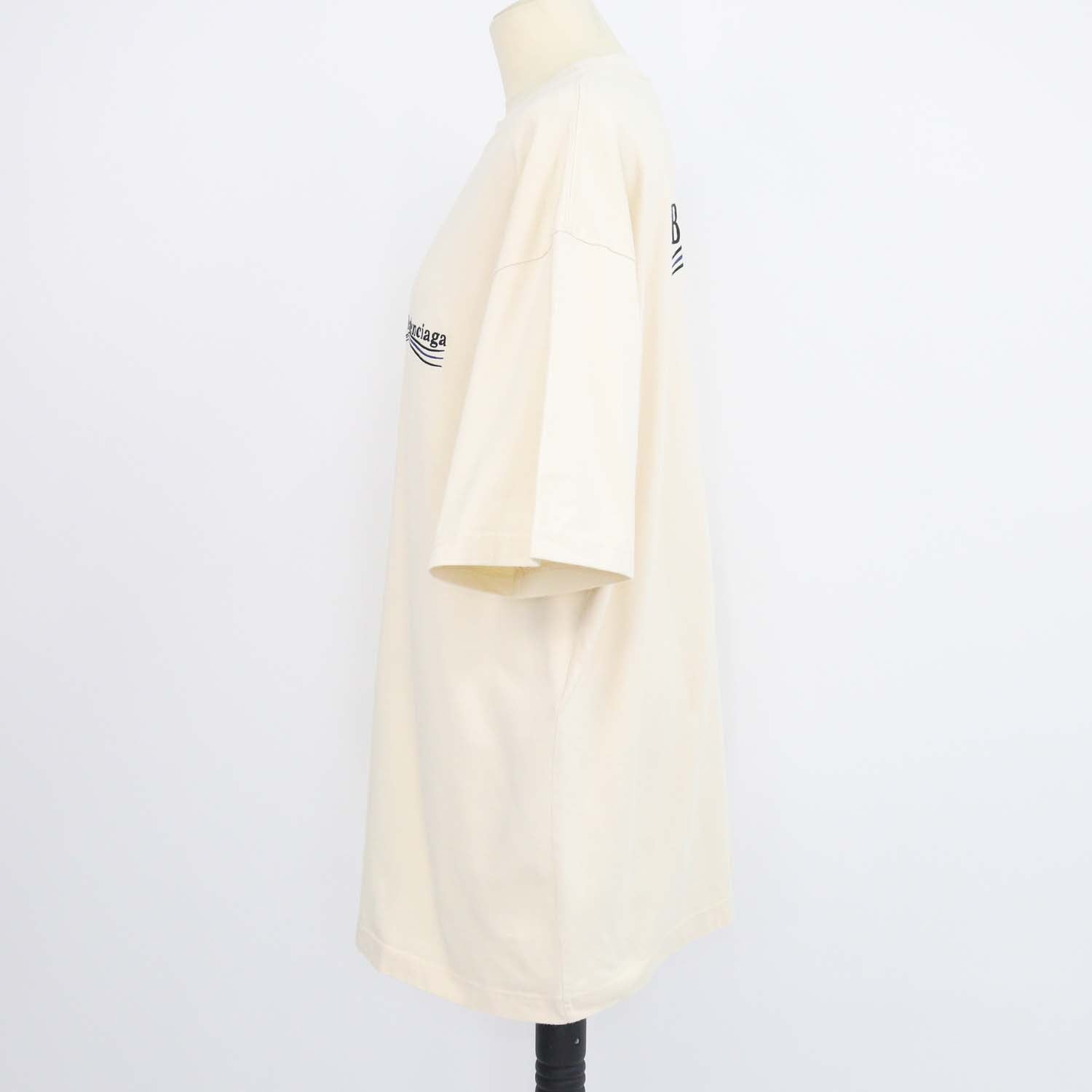 Balenciaga Cream Blend Cotton Logo Embroidered Oversized T-Shirt