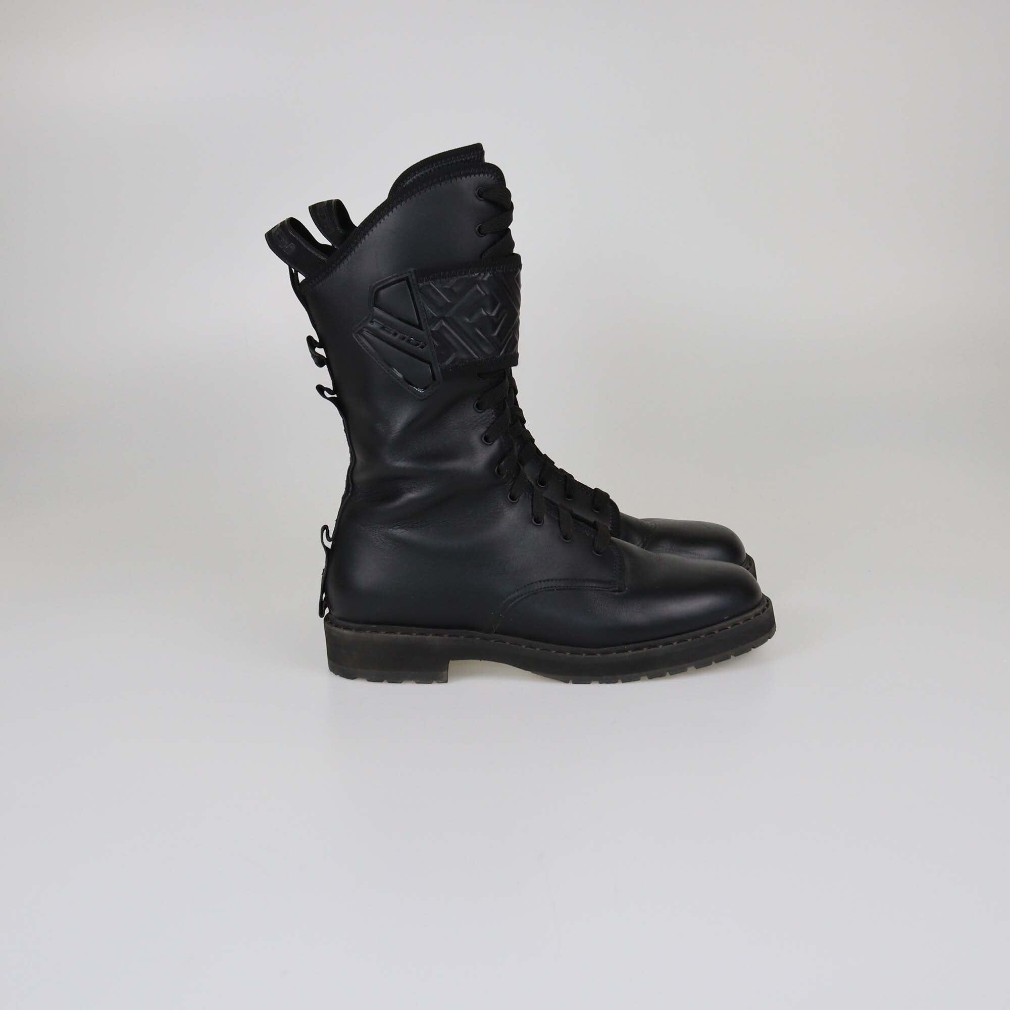 Fendi Black FF Lace Up Combat Boots Womens Fendi 