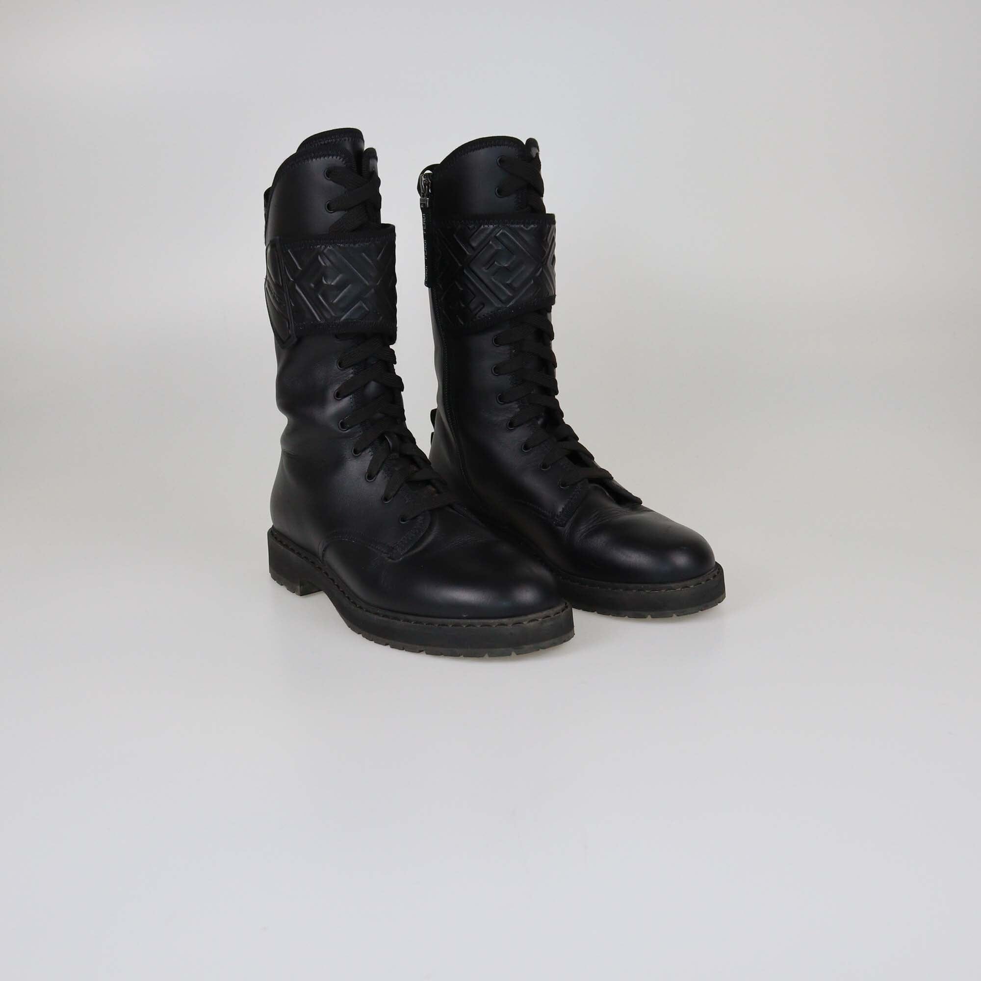 Fendi Black FF Lace Up Combat Boots Womens Fendi 