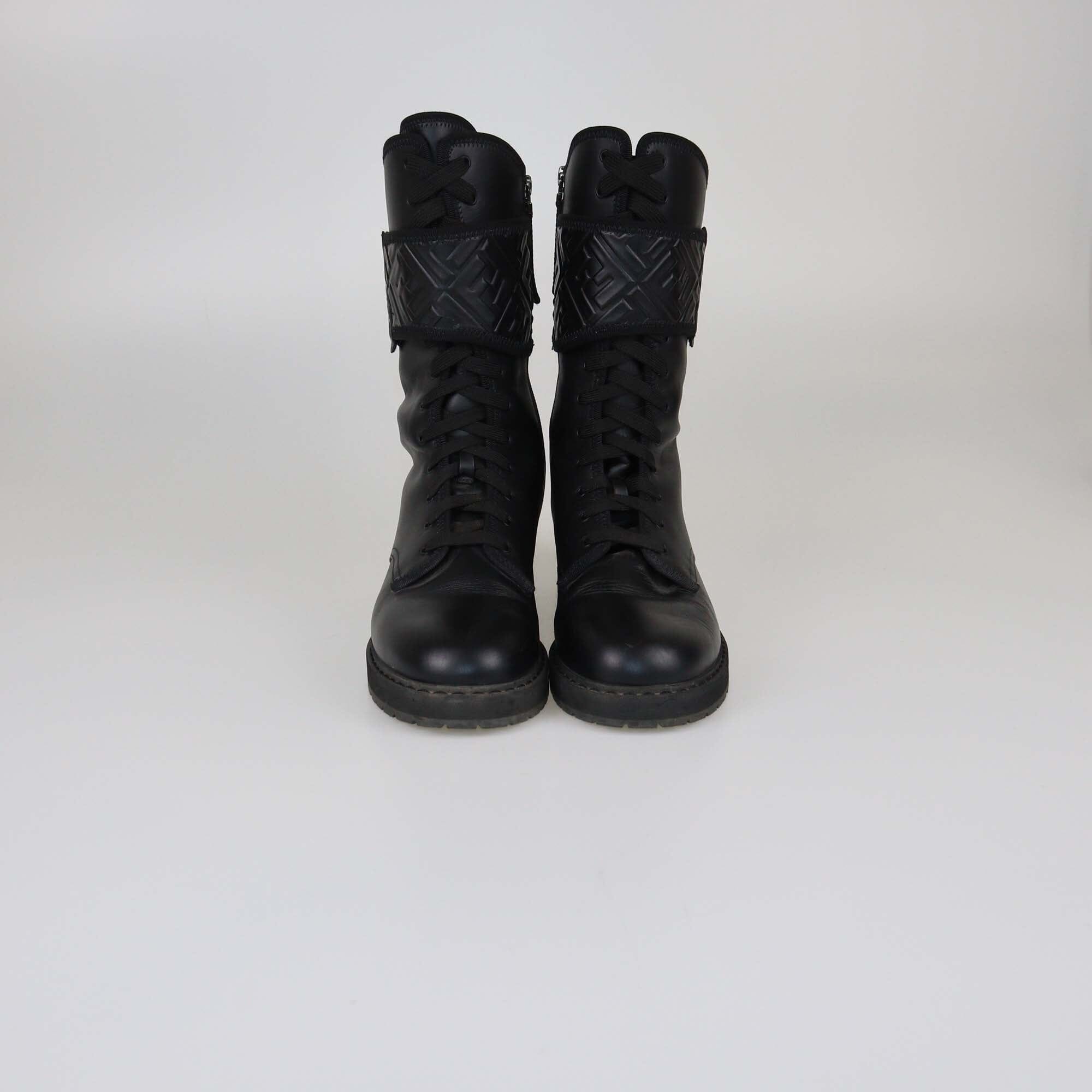 Fendi Black FF Lace Up Combat Boots Womens Fendi 