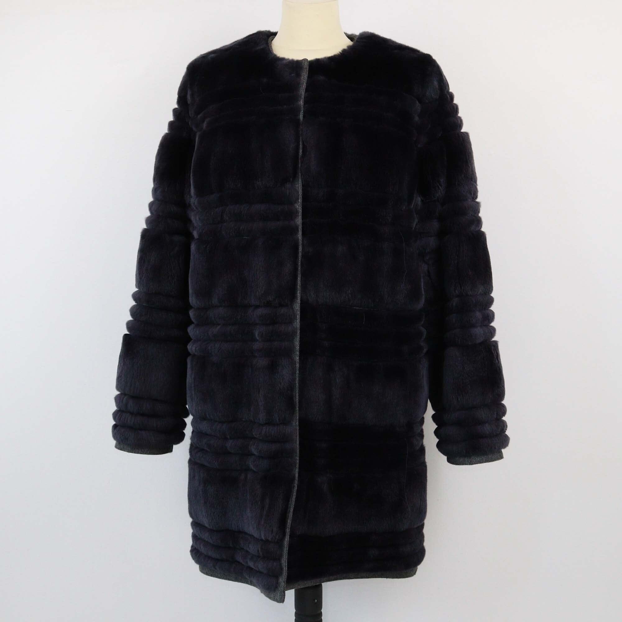 Yves Saint Laurent Dark Blue Rex Rabbit Fur Long Coat Womens Yves Saint Laurent 