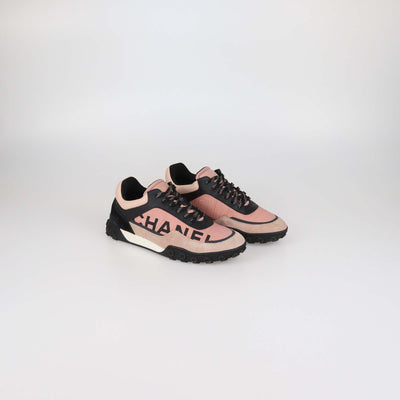 Chanel Pink/Black Nylon & Suede Logo Print Low Top Sneakers