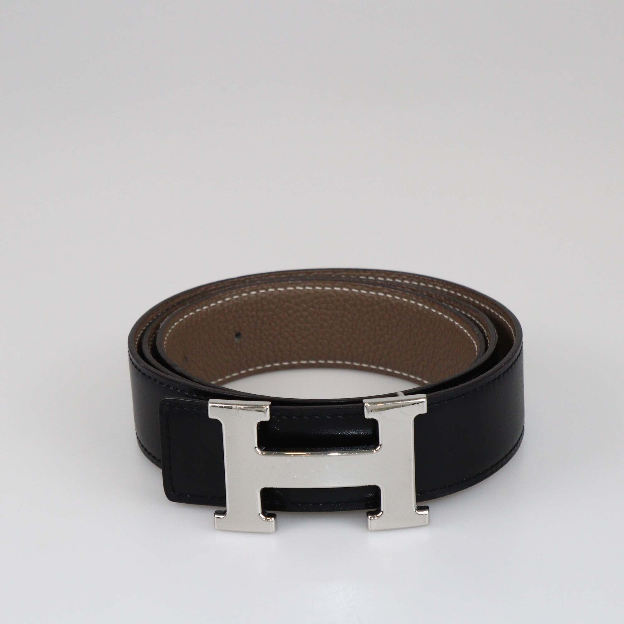 Hermes Black/Taupe Togo and Box Reversible H Buckle Belt Womens Hermes 