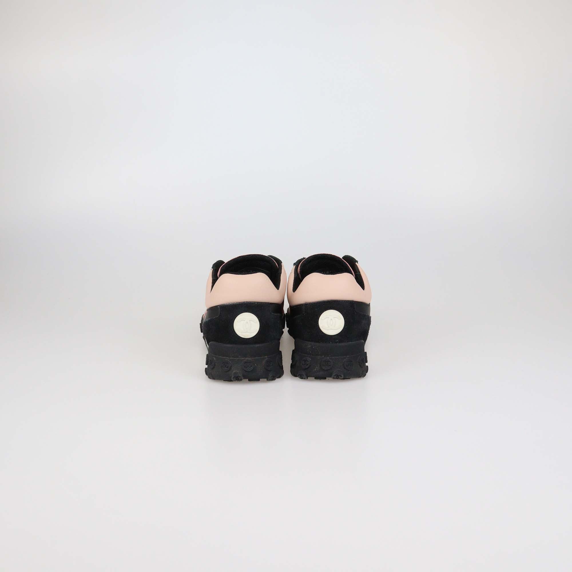 Chanel Pink/Black Nylon & Suede Logo Print Low Top Sneakers