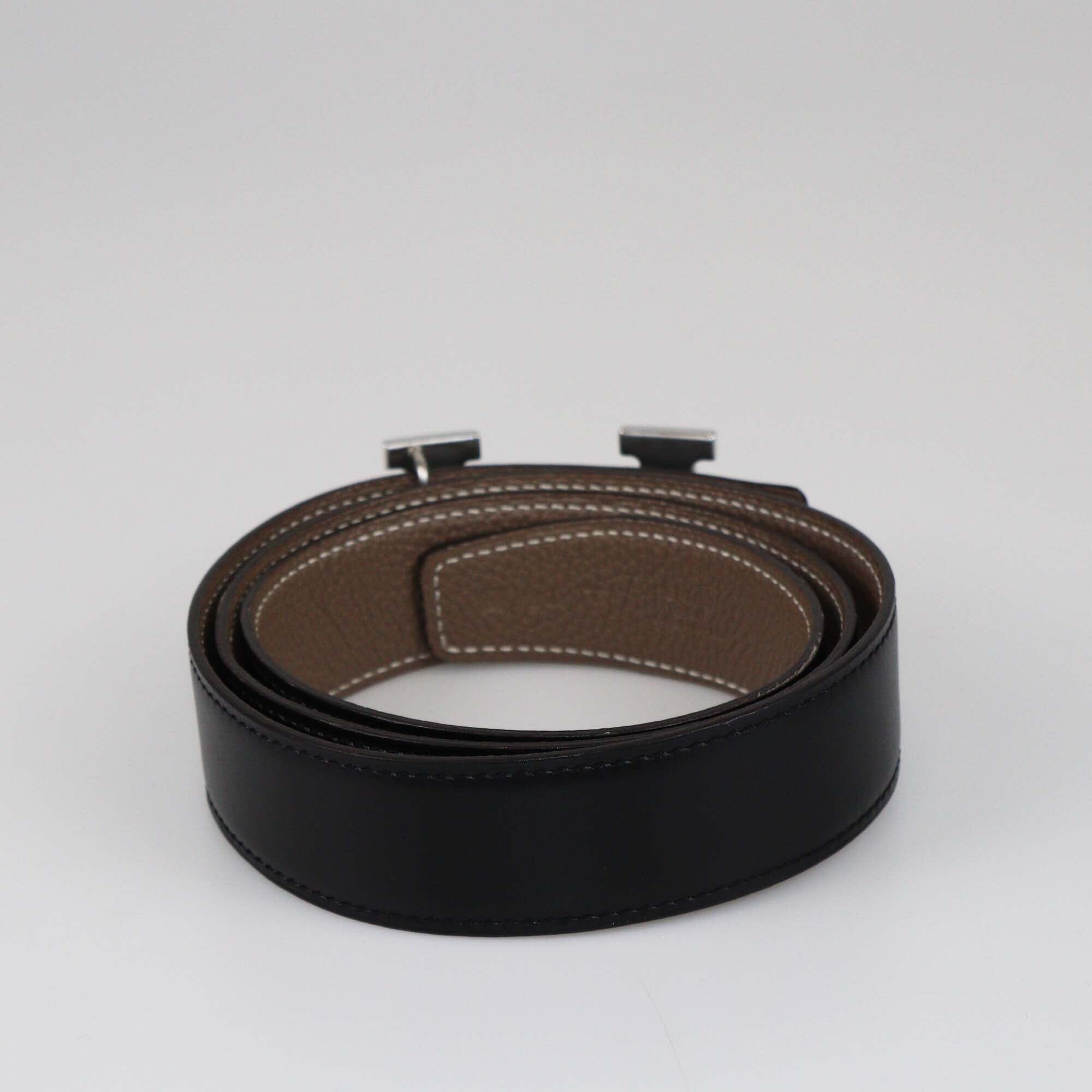 Hermes Black/Taupe Togo and Box Reversible H Buckle Belt Womens Hermes 