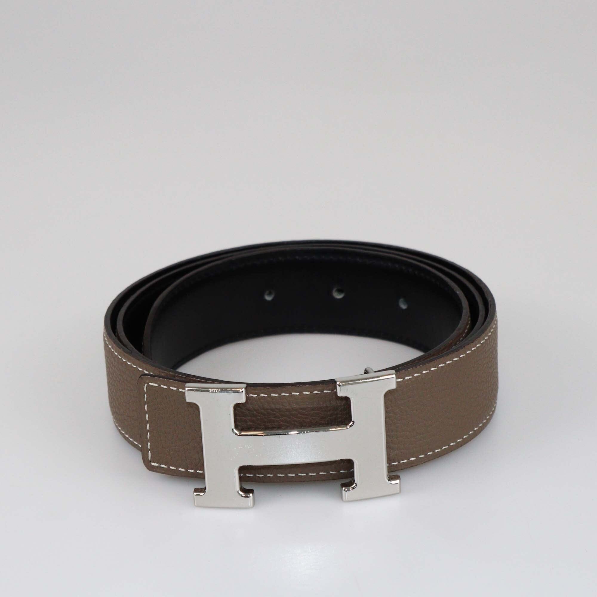 Hermes Black/Taupe Togo and Box Reversible H Buckle Belt Womens Hermes 