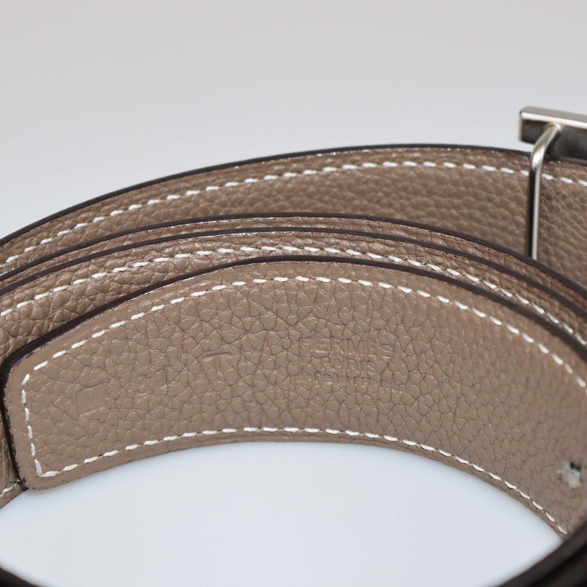 Hermes Black/Taupe Togo and Box Reversible H Buckle Belt Womens Hermes 