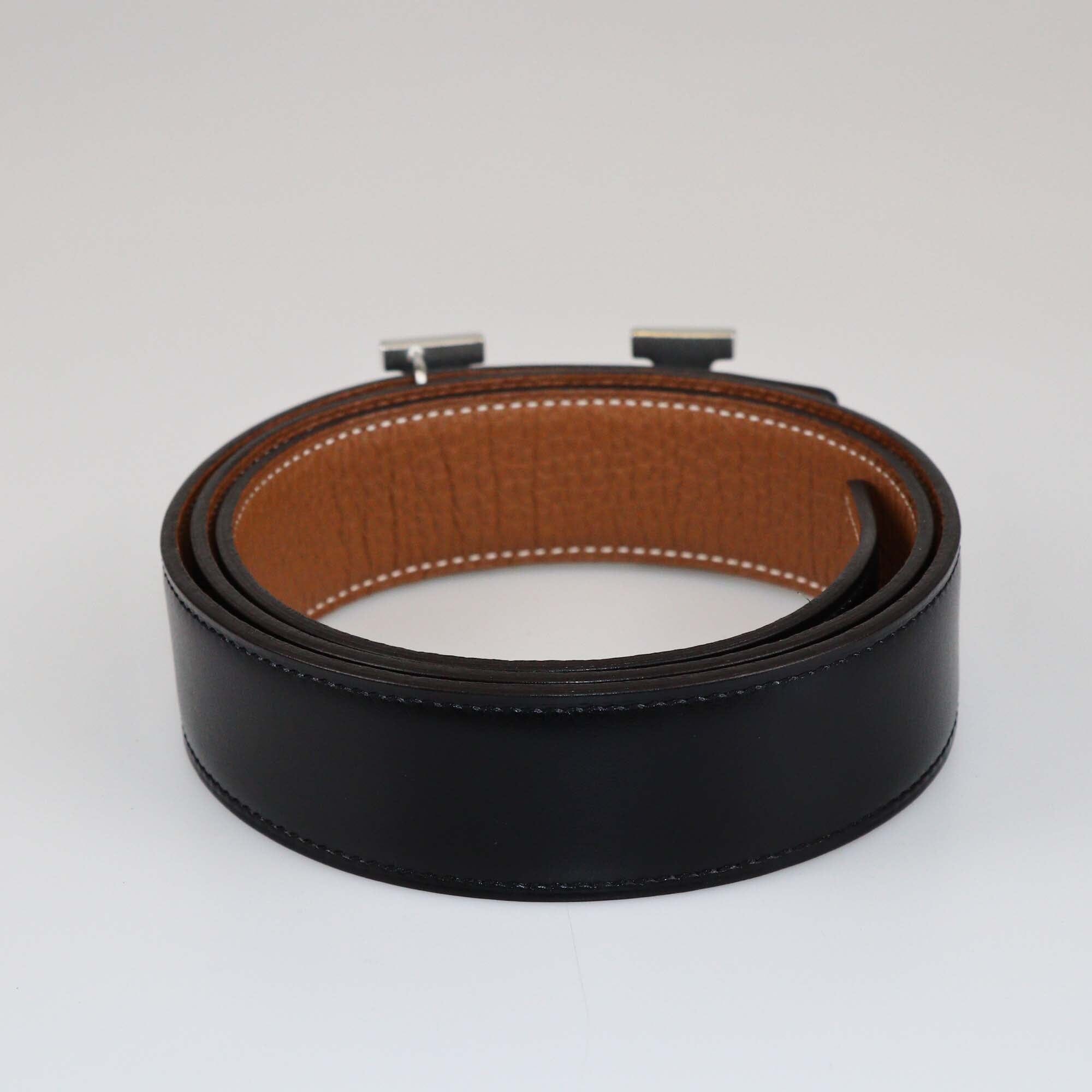 Hermes Black/Gold Togo and Box Reversible Brushed H Buckle Belt Womens Hermes 