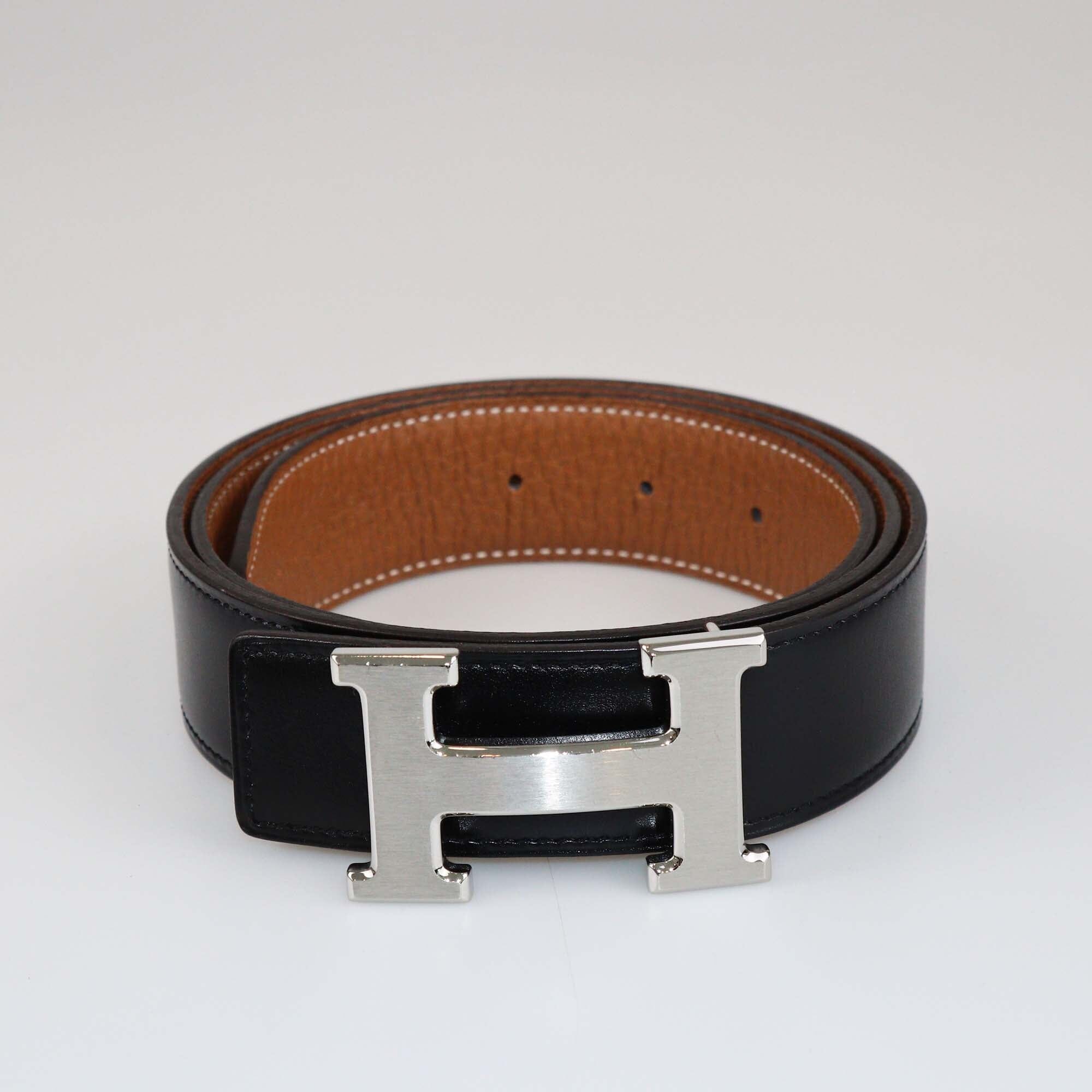 Hermes Black/Gold Togo and Box Reversible Brushed H Buckle Belt Womens Hermes 