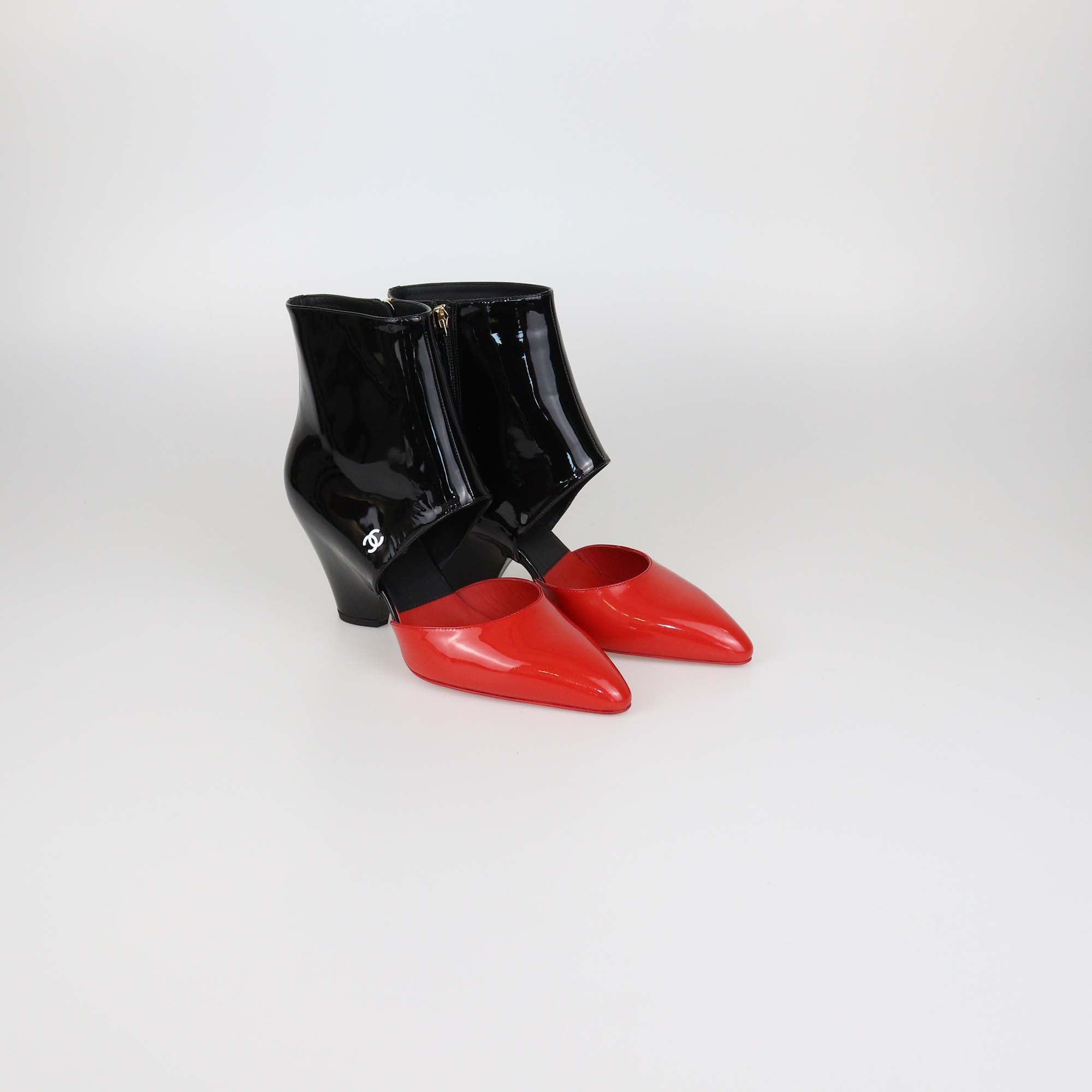 Chanel Black/Red Patent Leather Cut Out Ankle Boots